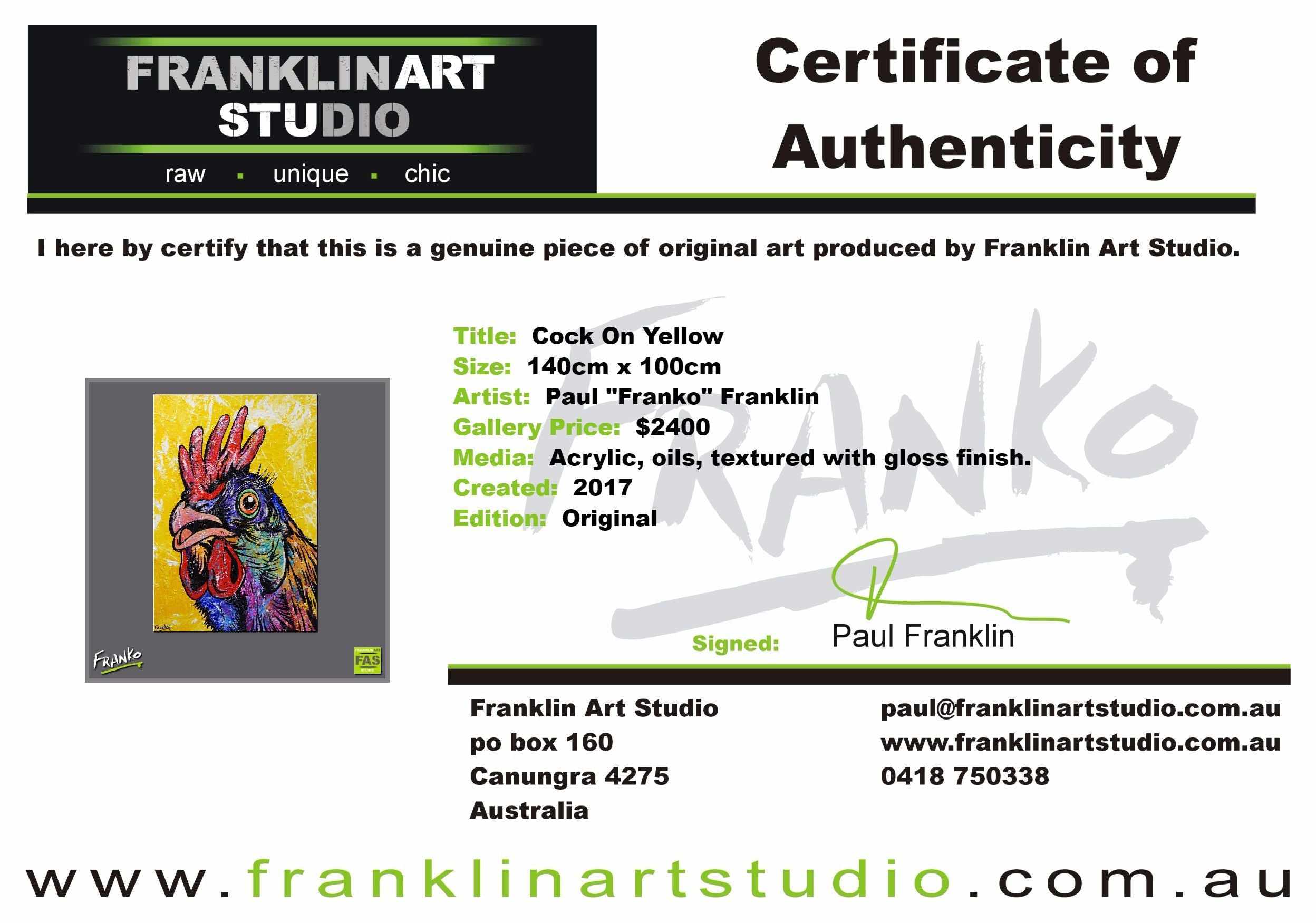 Cock On Yellow 140cm x 100cm Rooster Pop Art Painting (SOLD)-urban pop-[Franko_Artist]-[The_Block]-[Dream_Homes]-[ideas]- [Grand_Designs]-Franklin Art Studio