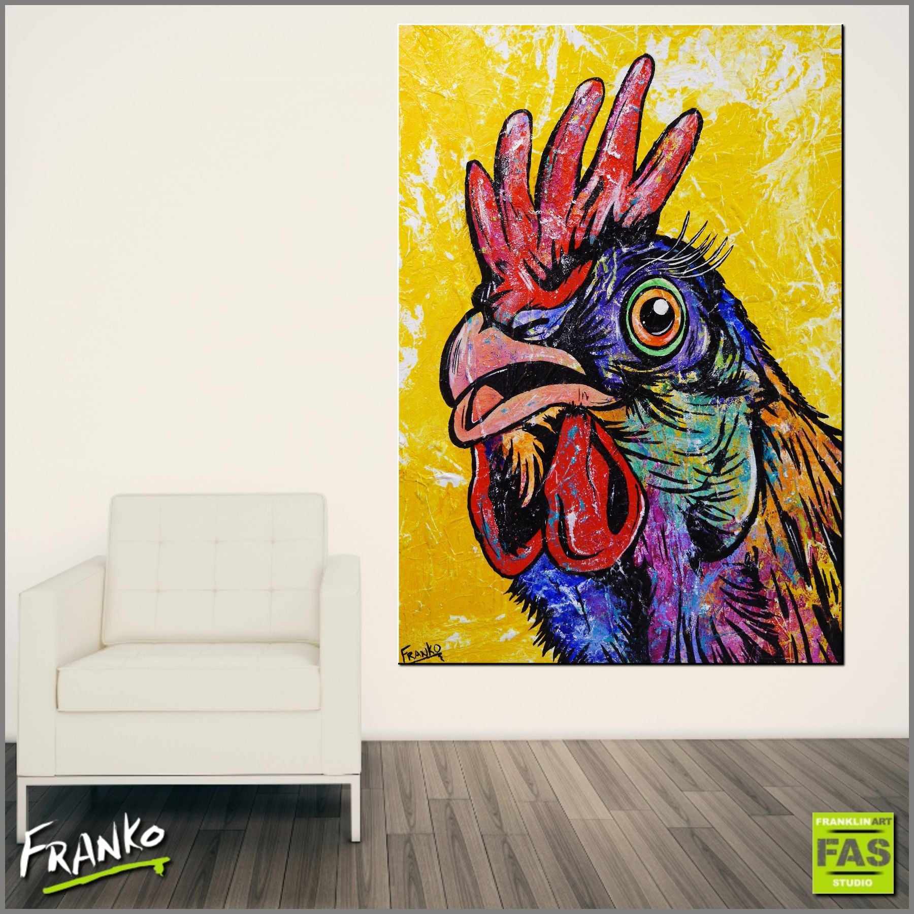 Cock On Yellow 140cm x 100cm Rooster Pop Art Painting (SOLD)-urban pop-[Franko_Artist]-[Australian_artist]-[Gold_Coast]-[Brisbane]-[modern]-[contemporary]-[original]-[Large_artwork]-[The_Block]-[Dream_Homes]-[ideas]-[Grand_Designs]-[Art_Lover]-Franklin Art Studio