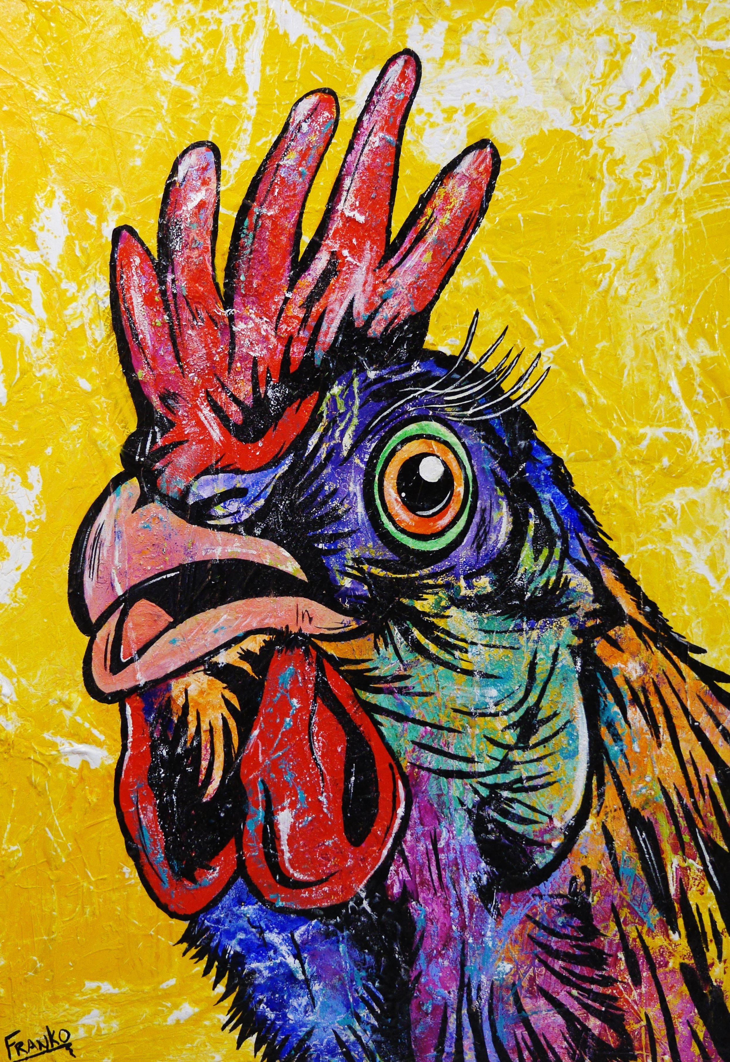 Cock On Yellow 140cm x 100cm Rooster Pop Art Painting (SOLD)-urban pop-[Franko_Artist]-[Australian_artist]-[Gold_Coast]-[Brisbane]-[modern]-[contemporary]-[original]-[Large_artwork]-Franklin Art Studio