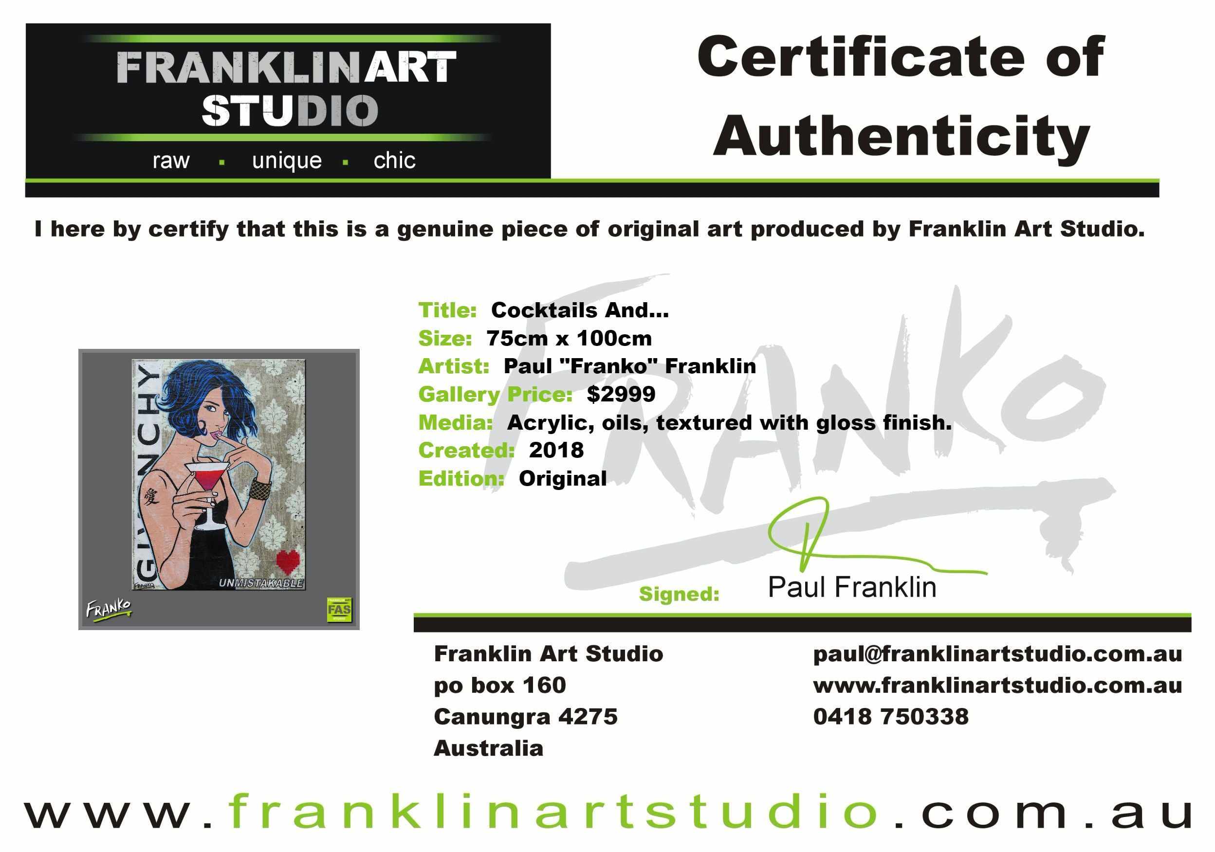 Cocktails And ? 75cm x 100cm Cocktail Woman Pop Art Painting (SOLD)-concrete-[Franko_Artist]-[The_Block]-[Dream_Homes]-[ideas]-[Grand_Designs]-[Art_Lover]-Franklin Art Studio