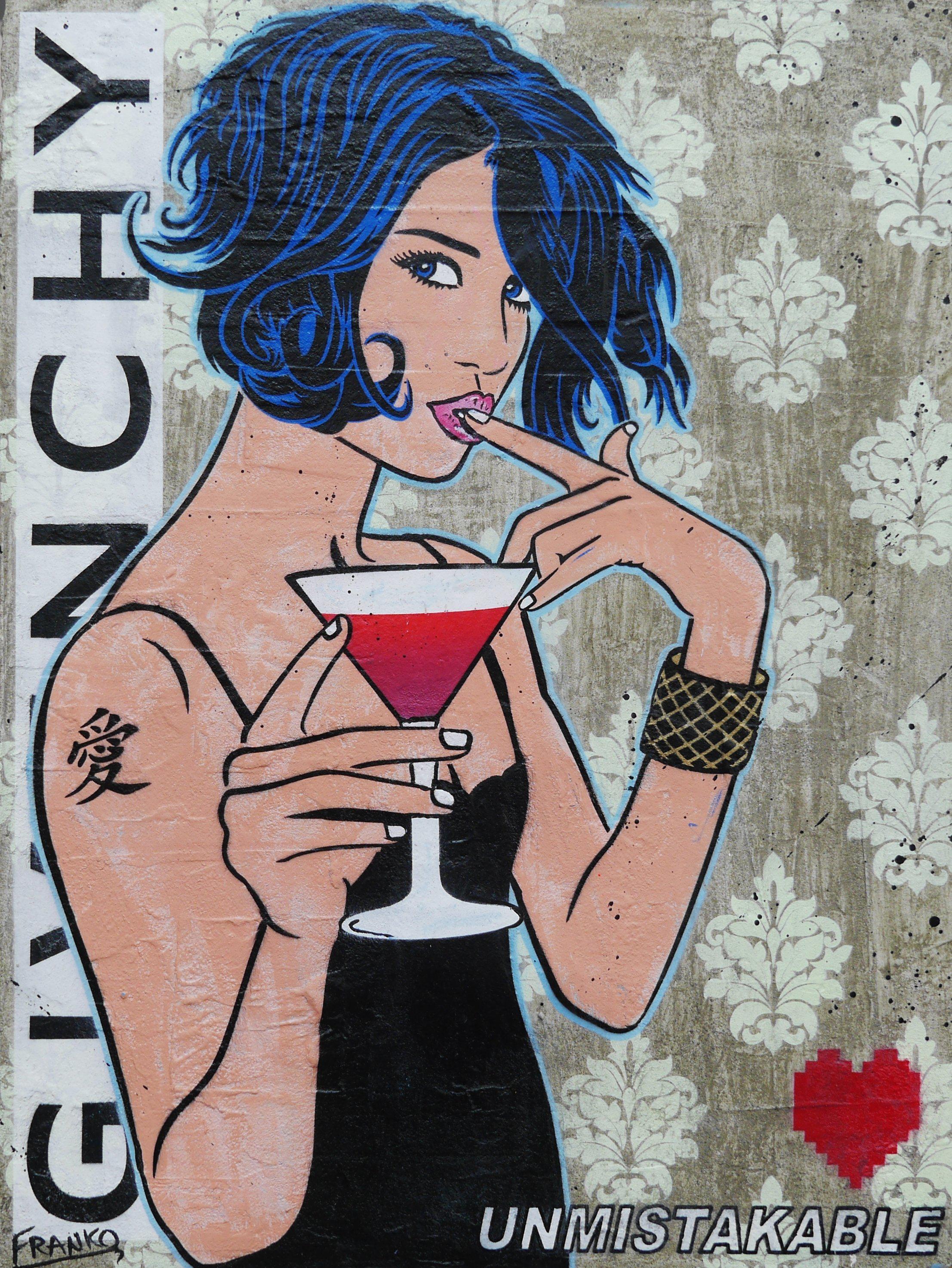 Cocktails And ? 75cm x 100cm Cocktail Woman Pop Art Painting (SOLD)-concrete-[Franko_Artist]-[Australian_artist]-[Gold_Coast]-[Brisbane]-[modern]-[contemporary]-[original]-[Large_artwork]-Franklin Art Studio