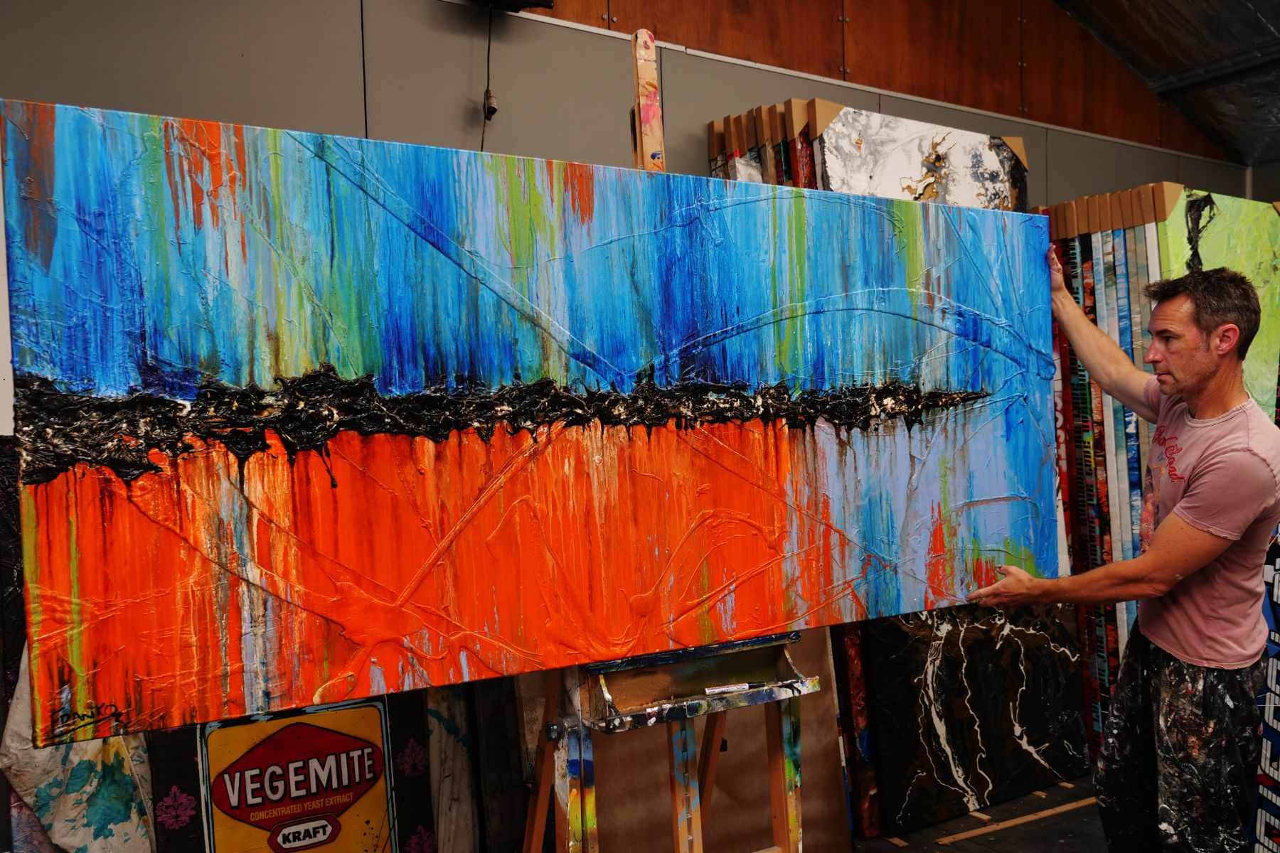 Cocktails At Sunset 240cm x 100cm Orange Blue Textured Abstract Painting (SOLD)-Abstract-[Franko_Artist]-[The_Block]-[Dream_Homes]-[ideas]- [Grand_Designs]-Franklin Art Studio