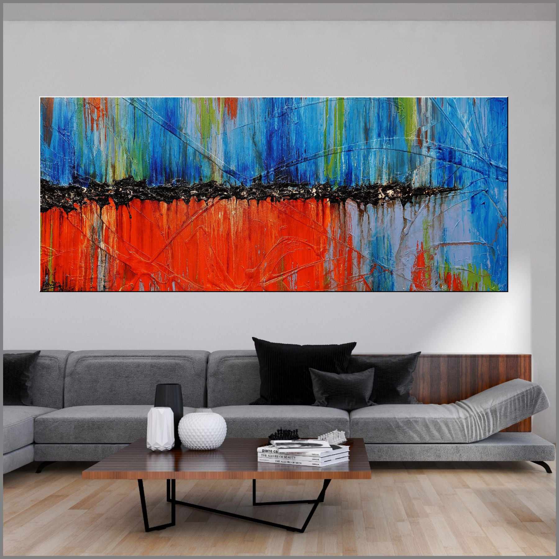 Cocktails At Sunset 240cm x 100cm Orange Blue Textured Abstract Painting (SOLD)-Abstract-[Franko_Artist]-[Australian_artist]-[Gold_Coast]-[Brisbane]-[modern]-[contemporary]-[original]-[Large_artwork]-[The_Block]-[Dream_Homes]-[ideas]-[Grand_Designs]-[Art_Lover]-Franklin Art Studio