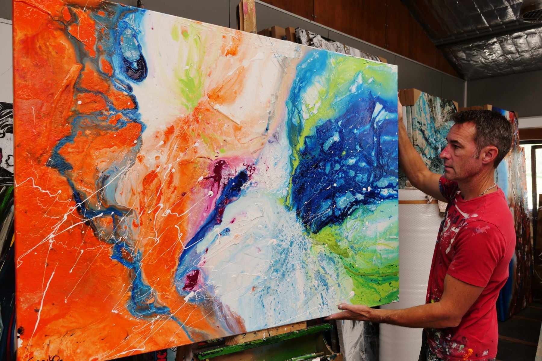 Colour Divide 140cm x 100cm Orange Lime Magenta White Textured Abstract Painting (SOLD)-Abstract-[Franko_Artist]-[The_Block]-[Dream_Homes]-[ideas]- [Grand_Designs]-Franklin Art Studio