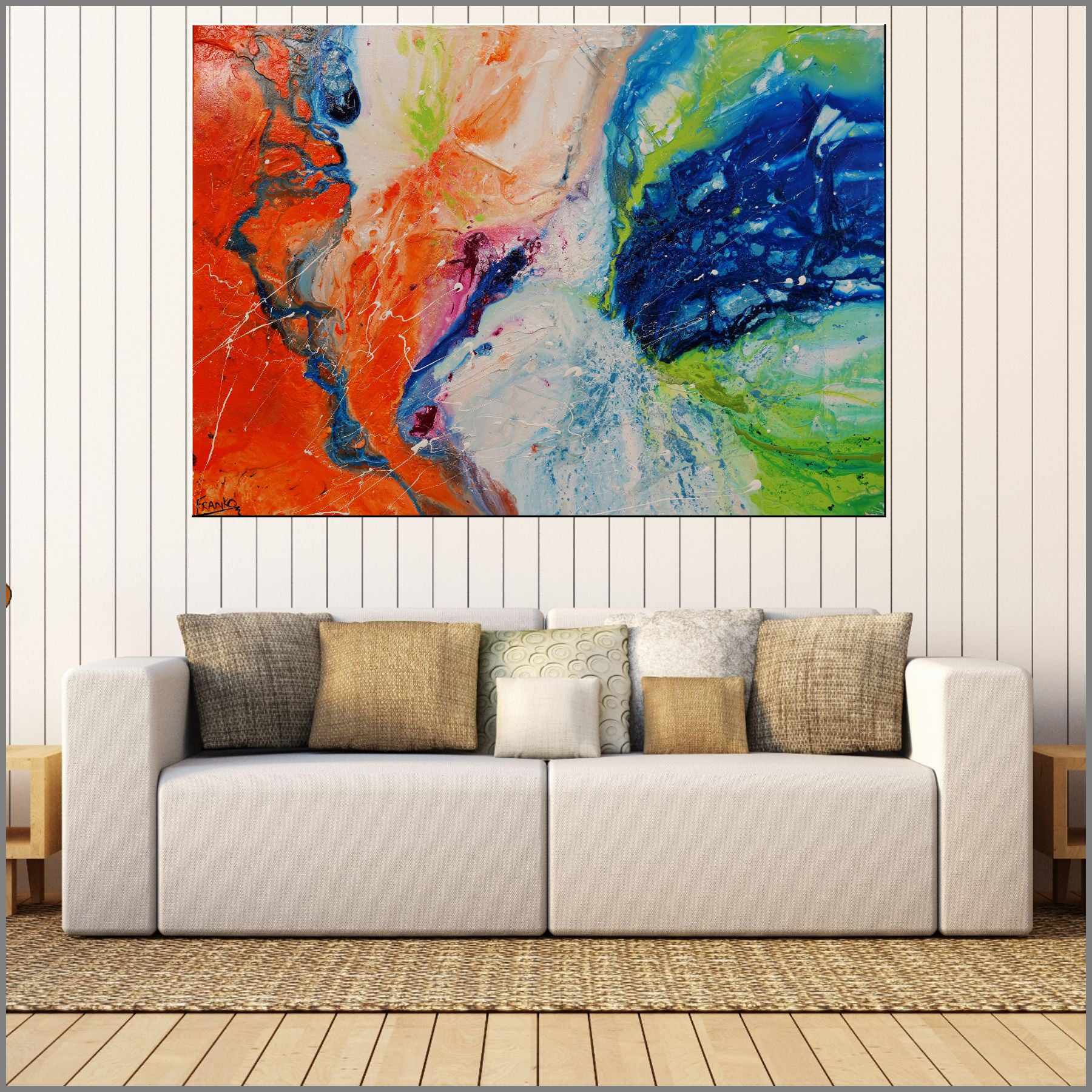 Colour Divide 140cm x 100cm Orange Lime Magenta White Textured Abstract Painting (SOLD)-Abstract-[Franko_Artist]-[Australian_artist]-[Gold_Coast]-[Brisbane]-[modern]-[contemporary]-[original]-[Large_artwork]-[The_Block]-[Dream_Homes]-[ideas]-[Grand_Designs]-[Art_Lover]-Franklin Art Studio