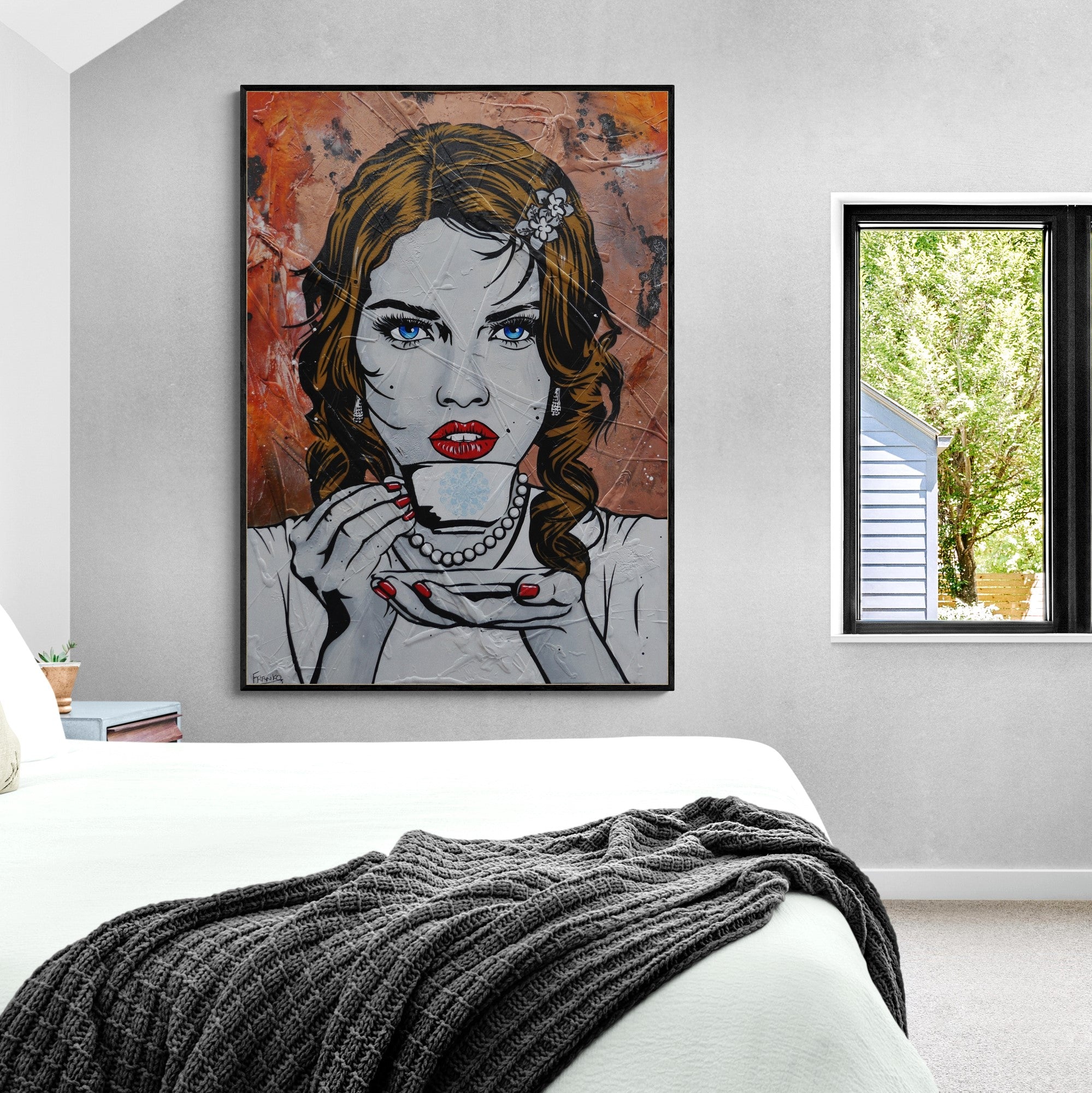 Ahhh! 140cm x 100cm Coffee Girl Textured Urban Pop Art Painting (SOLD)-Urban Pop Art-[Franko_Artist]-[The_Block]-[Dream_Homes]-[ideas]-[Grand_Designs]-[Art_Lover]-Franklin Art Studio