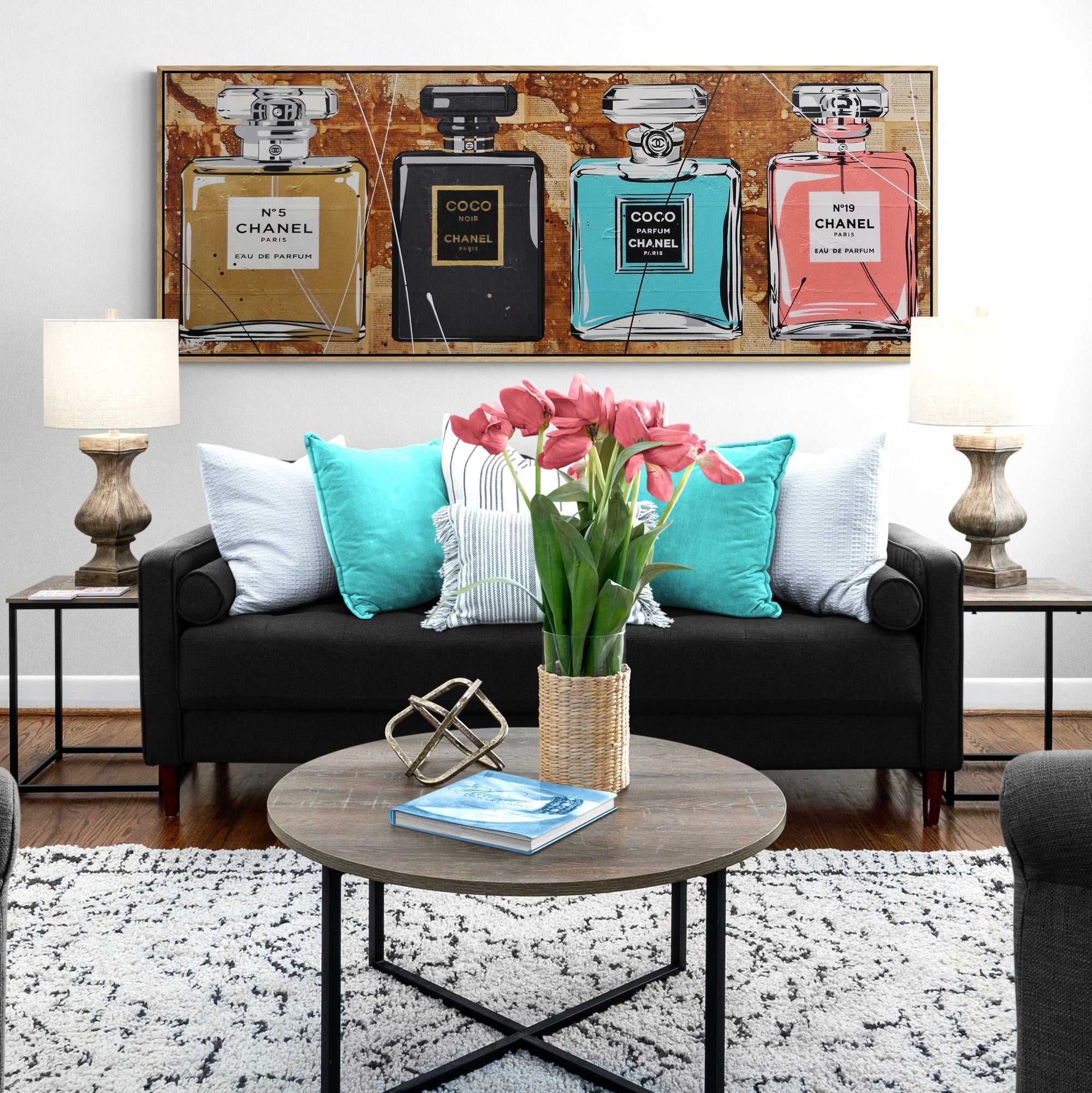 Fragrances 160cm x 60cm Chanel Perfume Bottles Urban Pop Book Club Painting (SOLD)-book club-[Franko_Artist]-[Australian_artist]-[Gold_Coast]-[Brisbane]-[modern]-[contemporary]-[original]-[Large_artwork]-[The_Block]-[Dream_Homes]-[ideas]-[Grand_Designs]-[Art_Lover]-Franklin Art Studio