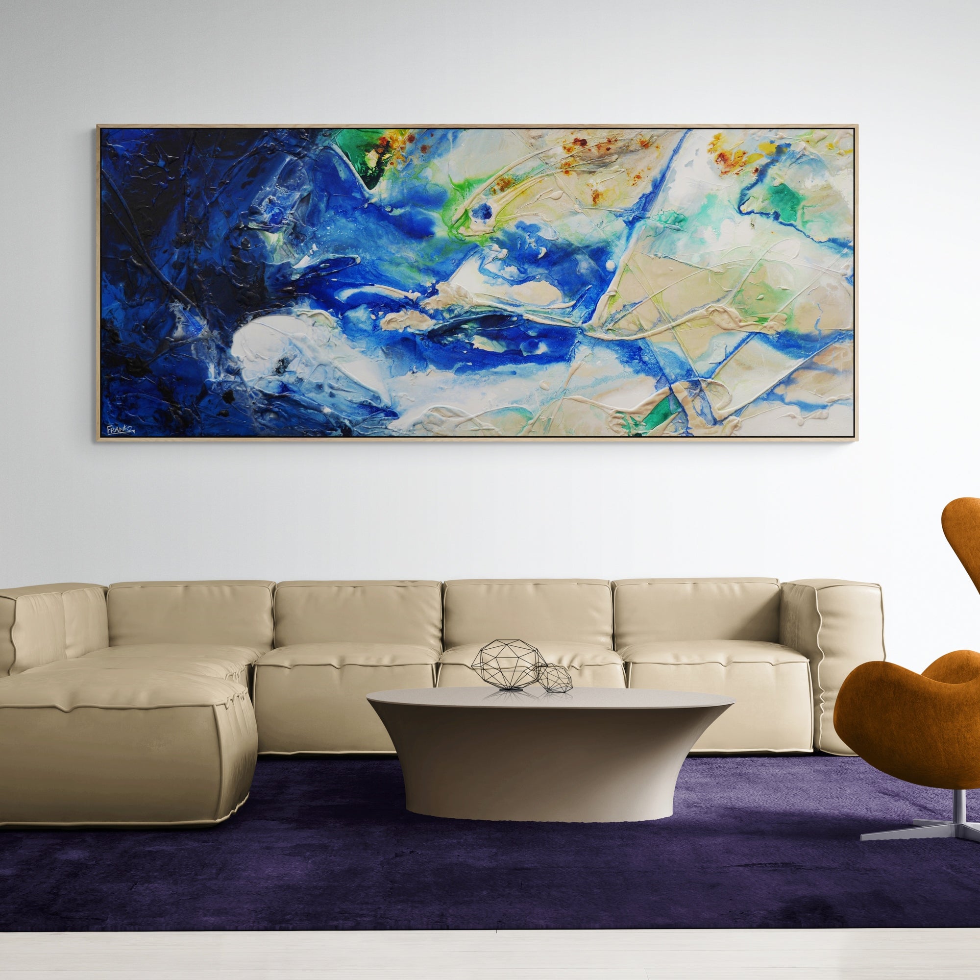 The Natural 240cm x 100cm Blue Green Cream Textured Abstract Painting (SOLD)-Abstract-[Franko_Artist]-[The_Block]-[Dream_Homes]-[ideas]-[Grand_Designs]-[Art_Lover]-Franklin Art Studio