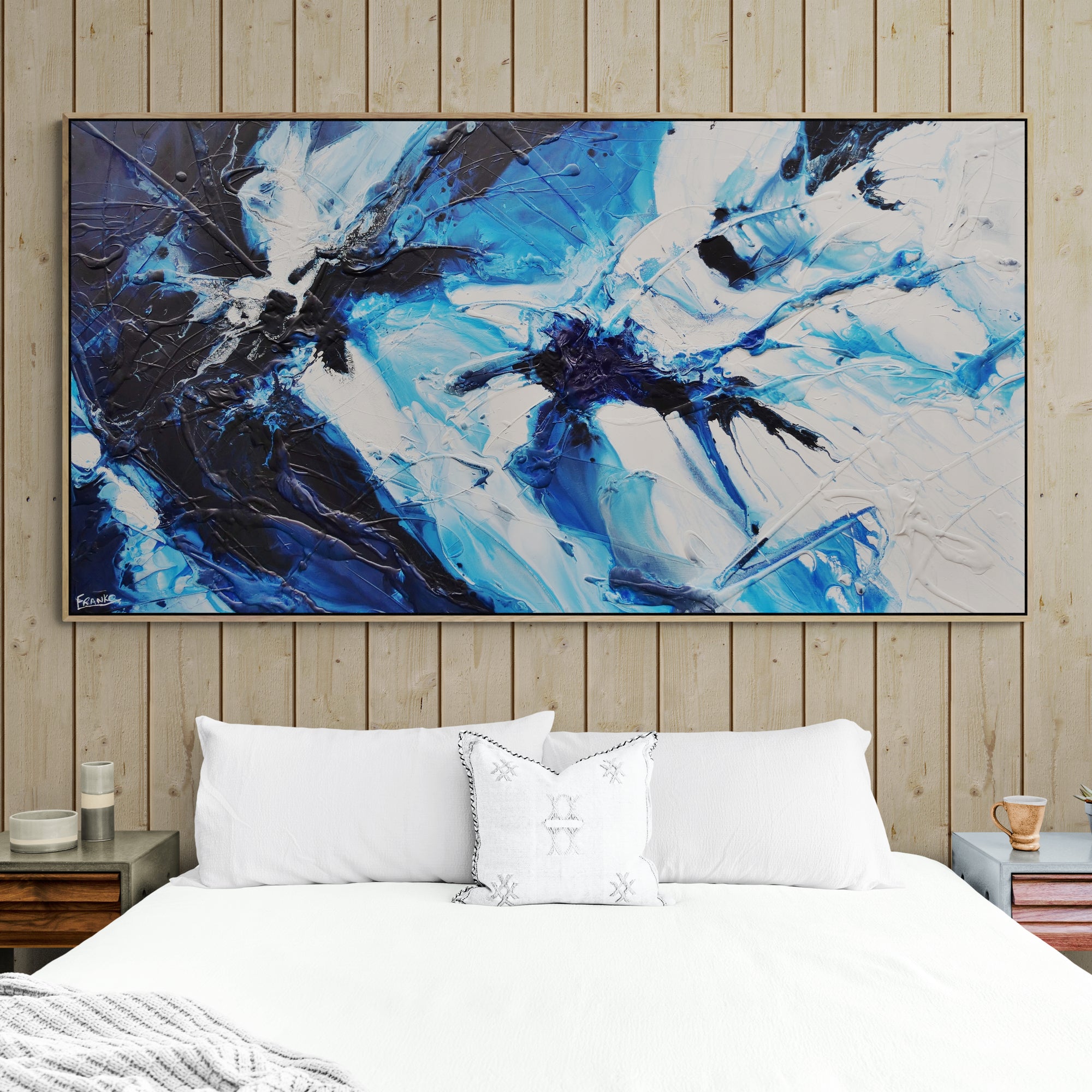 Blue Static 190cm x 100cm Blues White Black Textured Abstract Painting (SOLD)-Abstract-[Franko_Artist]-[The_Block]-[Dream_Homes]-[ideas]-[Grand_Designs]-[Art_Lover]-Franklin Art Studio