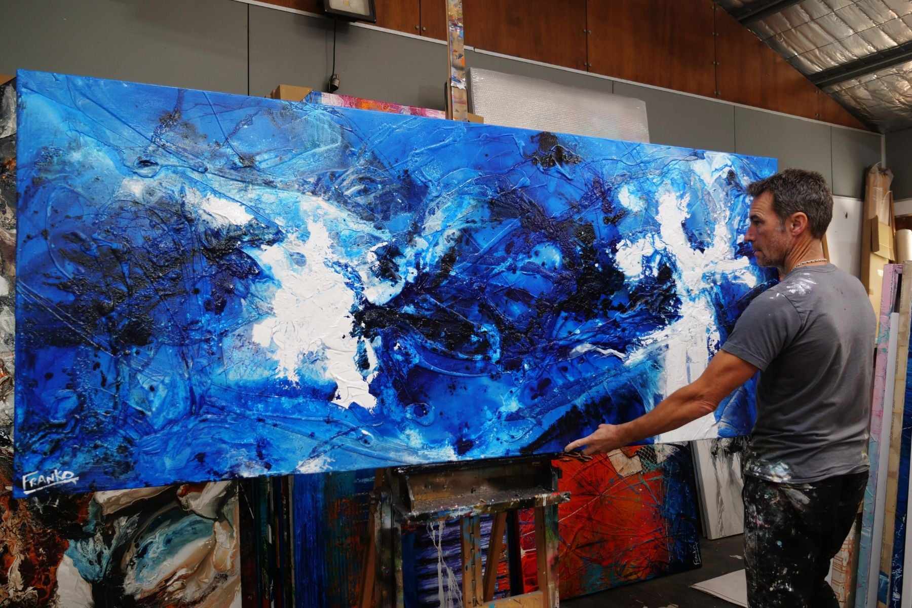Cracker Jack Blue 240cm x 100cm Blue White Textured Abstract Painting (SOLD)-Abstract-[Franko_Artist]-[The_Block]-[Dream_Homes]-[ideas]- [Grand_Designs]-Franklin Art Studio
