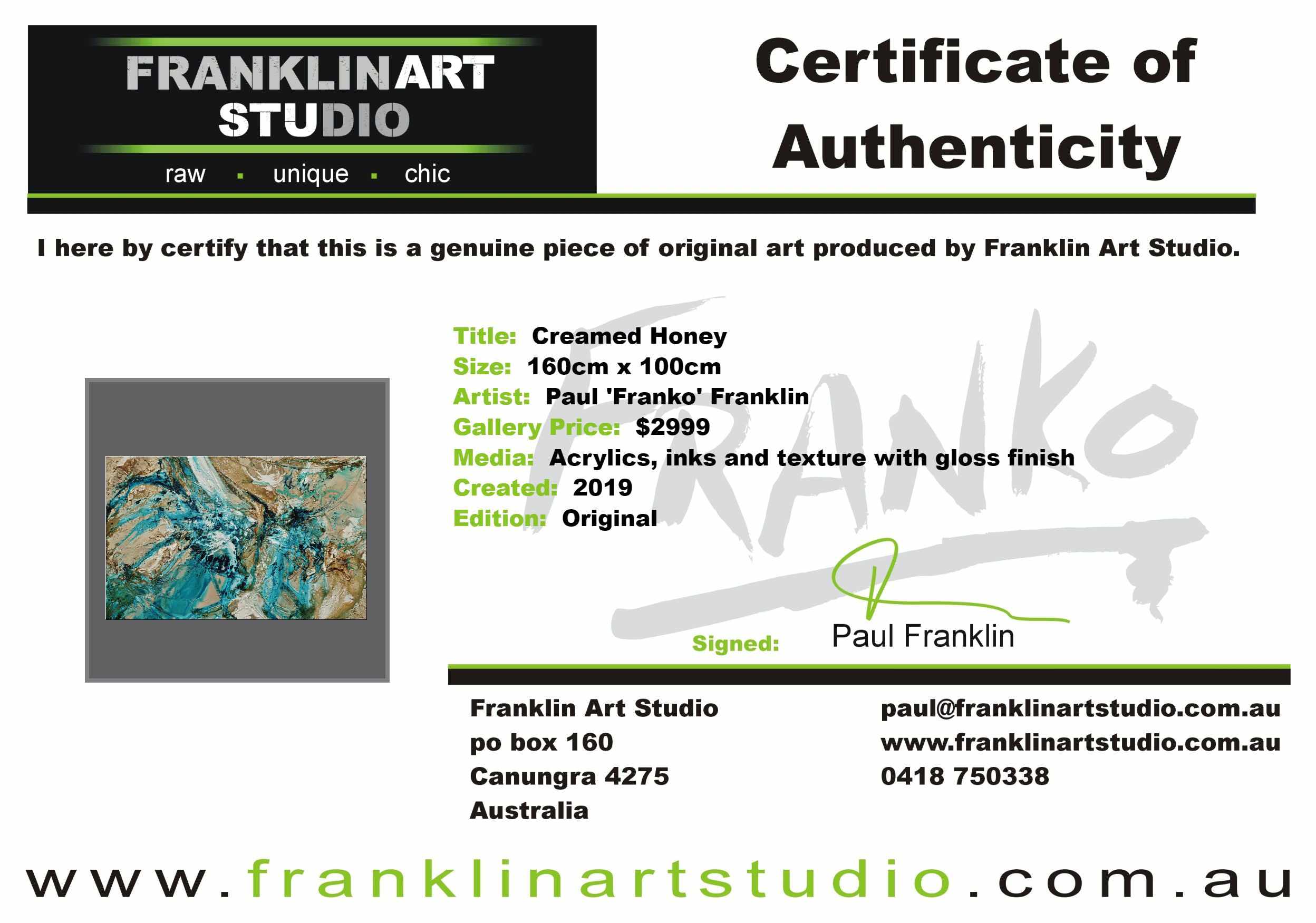 Creamed Honey 160cm x 100cm Green Brown Textured Abstract Painting (SOLD)-Abstract-[Franko_Artist]-[The_Block]-[Dream_Homes]-[ideas]-[Grand_Designs]-[Art_Lover]-Franklin Art Studio