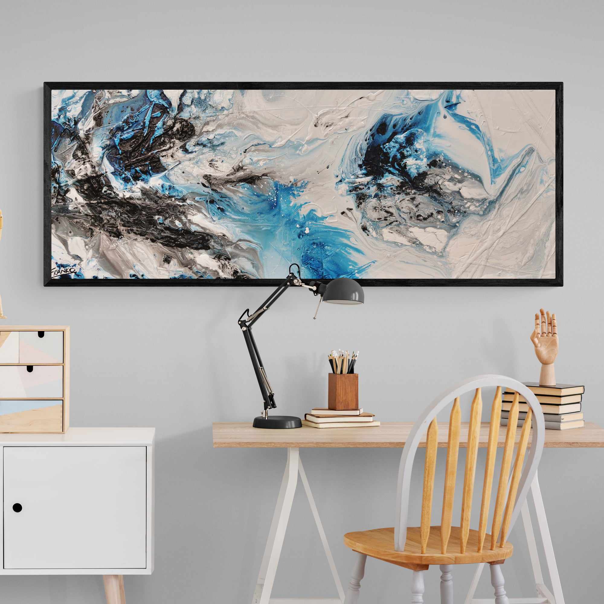 Crushed Midnight 160cm x 60cm Blue White Textured Abstract Painting (SOLD)-Abstract-[Franko_Artist]-[The_Block]-[Dream_Homes]-[ideas]- [Grand_Designs]-Franklin Art Studio