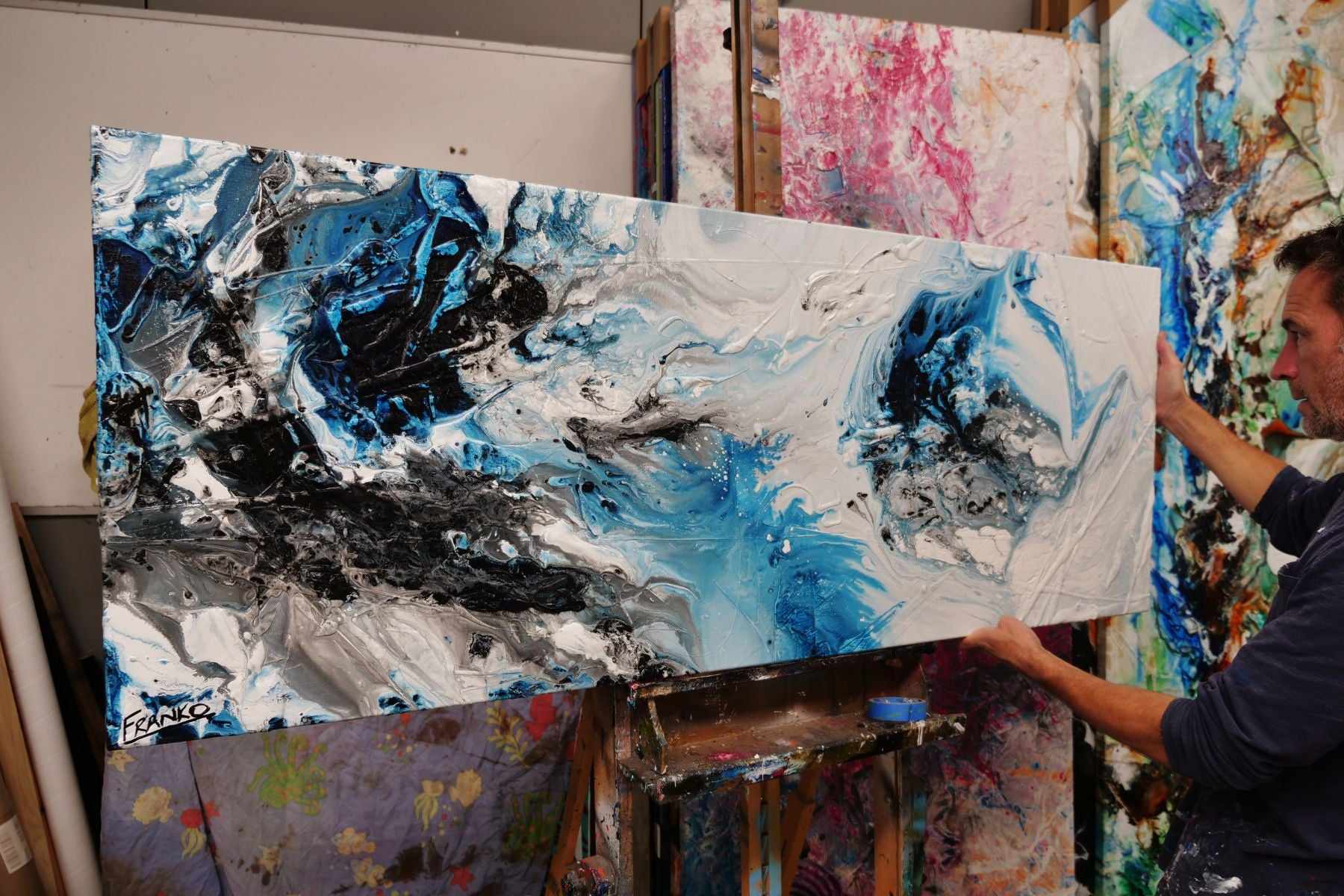 Crushed Midnight 160cm x 60cm Blue White Textured Abstract Painting (SOLD)-Abstract-[Franko_Artist]-[The_Block]-[Dream_Homes]-[ideas]-[Grand_Designs]-[Art_Lover]-Franklin Art Studio