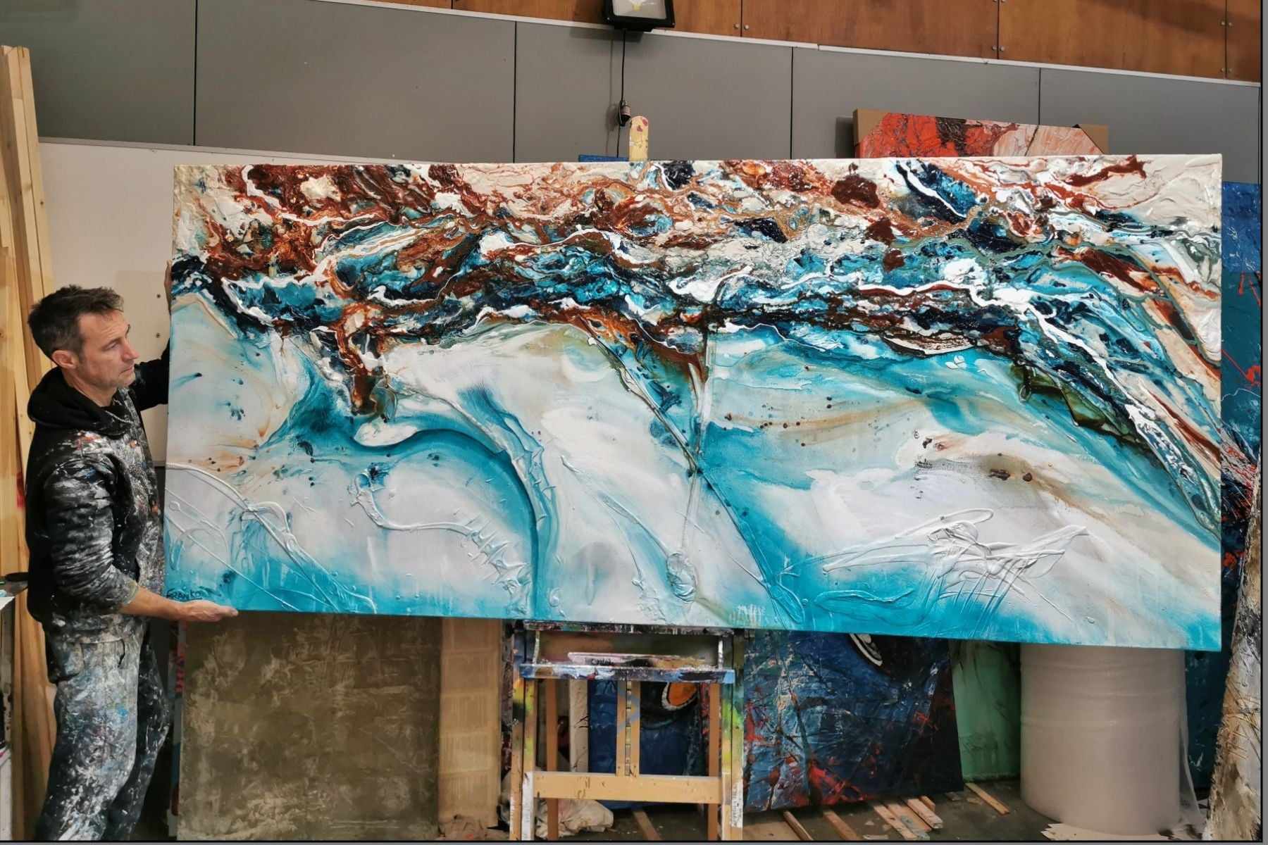 Crushed Southern Chill 270cm x 120cm Turquoise Cream Textured Abstract Painting (SOLD)-Abstract-[Franko_Artist]-[The_Block]-[Dream_Homes]-[ideas]- [Grand_Designs]-Franklin Art Studio