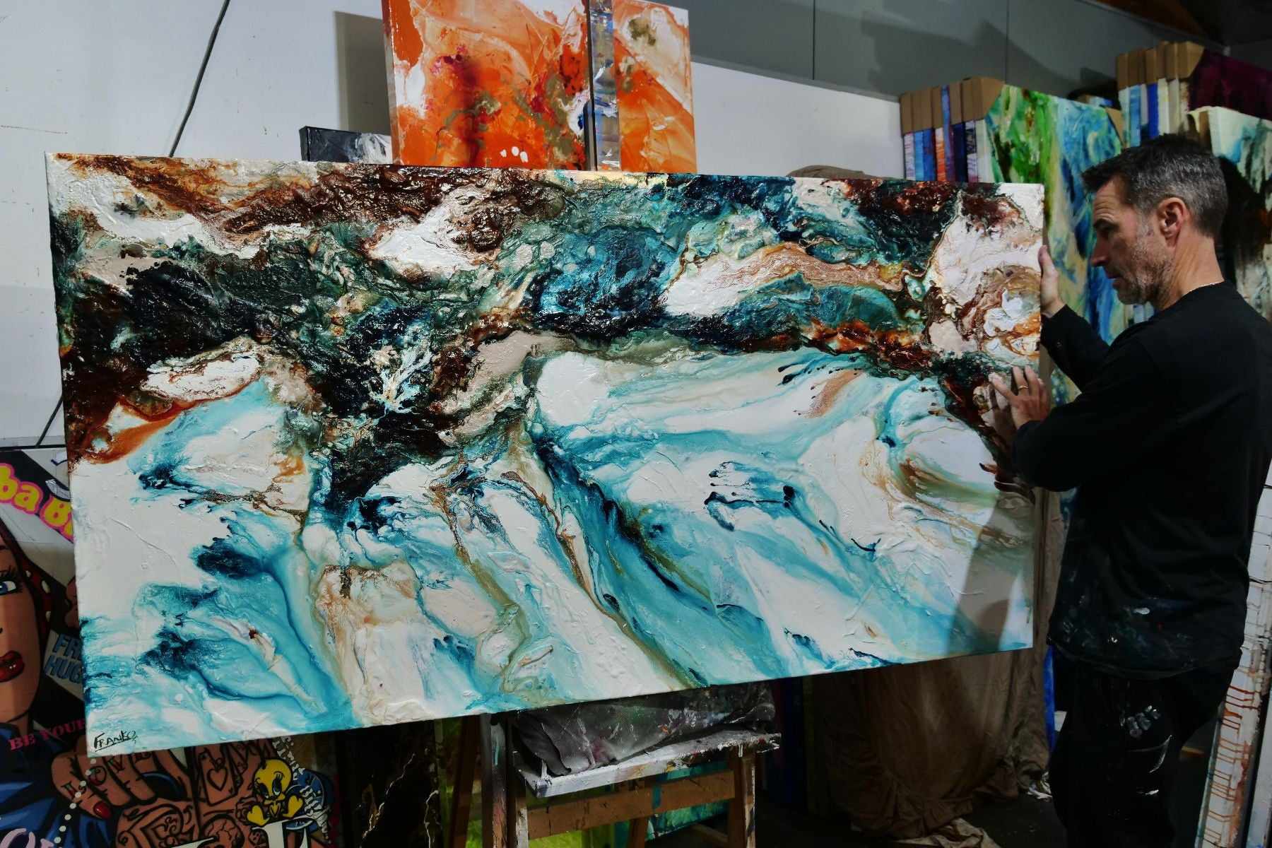 Crushed Southern Coast 190cm x 100cm Teal White Textured Abstract Painting (SOLD)-Abstract-[Franko_Artist]-[The_Block]-[Dream_Homes]-[ideas]-[Grand_Designs]-[Art_Lover]-Franklin Art Studio