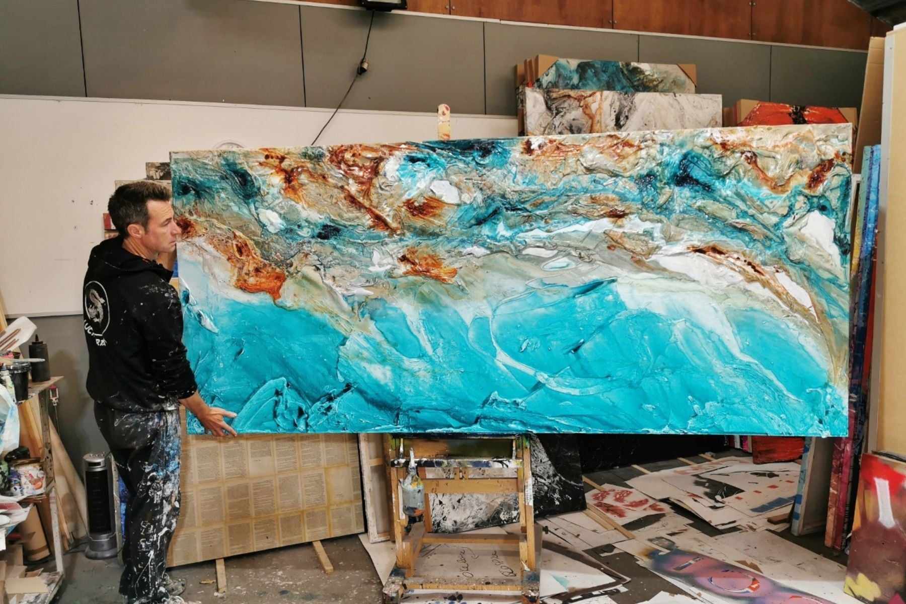 Crushed Southern Ice 270cm x 120cm Turquoise Cream Textured Abstract Painting (SOLD)-Abstract-[Franko_Artist]-[The_Block]-[Dream_Homes]-[ideas]- [Grand_Designs]-Franklin Art Studio