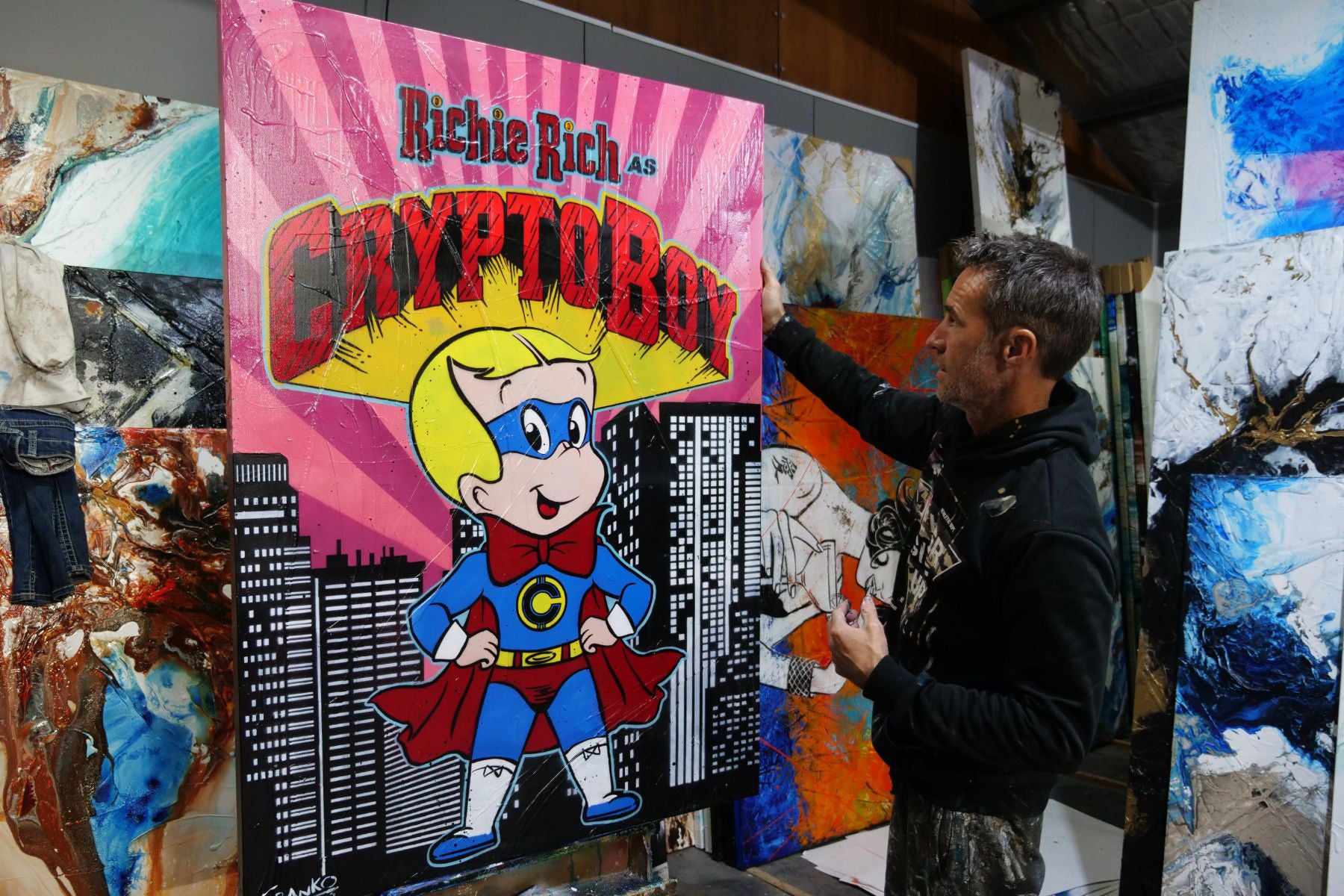 Crypto Boy Rules 140cm x 100cm Richie Rich Textured Urban Pop Art Painting (SOLD)-Urban Pop Art-[Franko_Artist]-[The_Block]-[Dream_Homes]-[ideas]- [Grand_Designs]-Franklin Art Studio