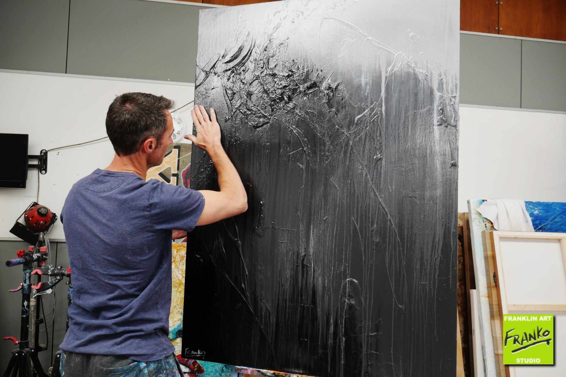 Dark 140cm x 100cm Black Grey Textured Abstract Painting (SOLD)-Abstract-[Franko_Artist]-[The_Block]-[Dream_Homes]-[ideas]- [Grand_Designs]-Franklin Art Studio