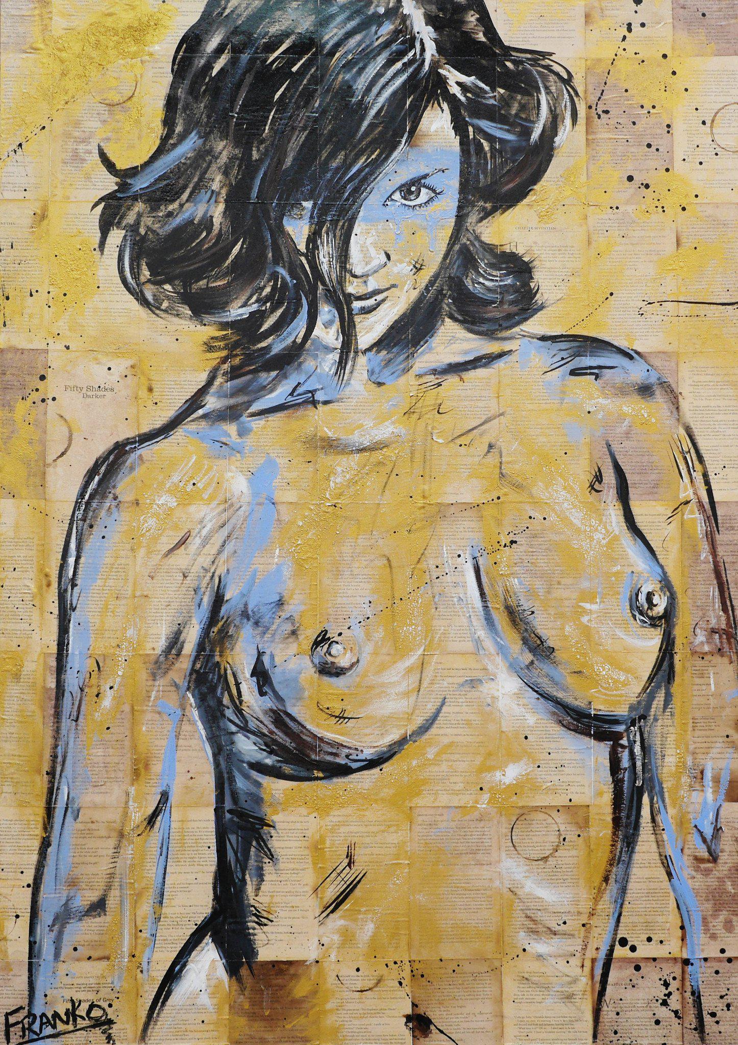 Dark And Darker 140cm x 100cm Book Club Series Gold Blue Nude (SOLD)-book club-[Franko_Artist]-[Australian_artist]-[Gold_Coast]-[Brisbane]-[modern]-[contemporary]-[original]-[Large_artwork]-Franklin Art Studio