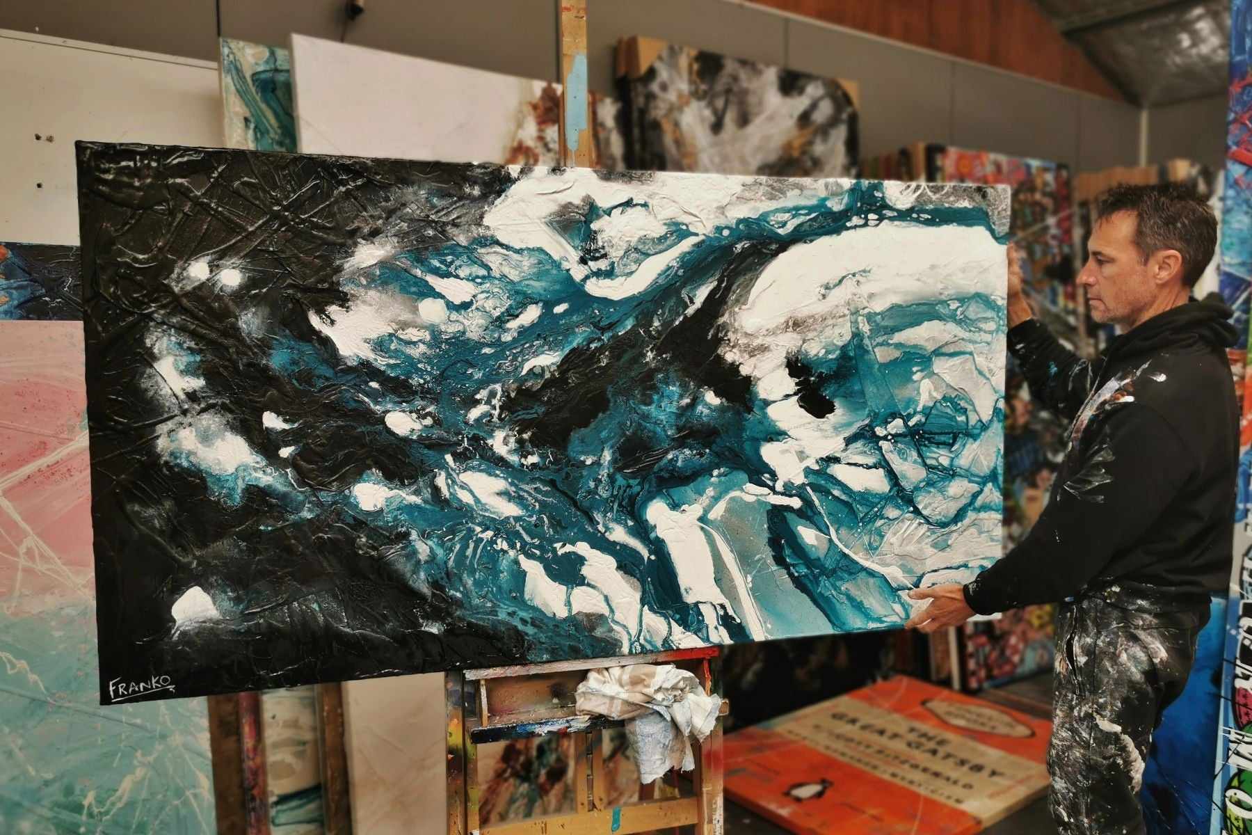 Deep Southern 190cm x 100cm Teal Black Textured Abstract Painting (SOLD)-Abstract-[Franko_Artist]-[The_Block]-[Dream_Homes]-[ideas]- [Grand_Designs]-Franklin Art Studio