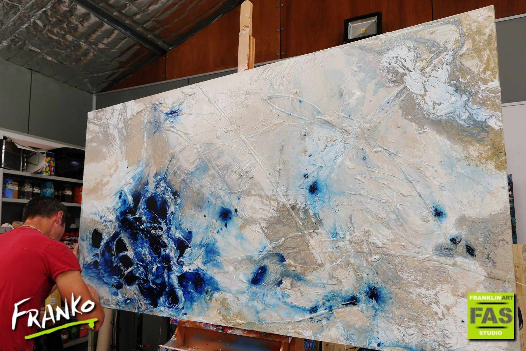 Desert Pools 190cm x 100cm Huge Blue White Abstract Painting (SOLD)-Abstract-[Franko_Artist]-[The_Block]-[Dream_Homes]-[ideas]- [Grand_Designs]-Franklin Art Studio