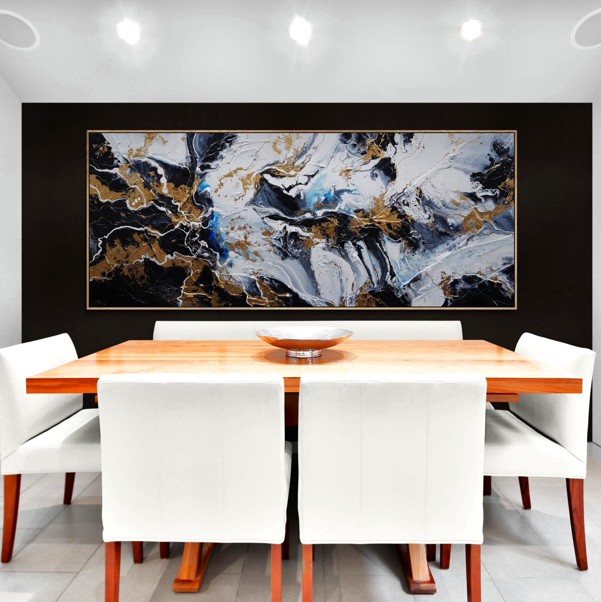 The Bling 240cm x 100cm Black Metallic Gold Blue Textured Abstract Painting (SOLD)-Abstract-[Franko_Artist]-[The_Block]-[Dream_Homes]-[ideas]-[Grand_Designs]-[Art_Lover]-Franklin Art Studio