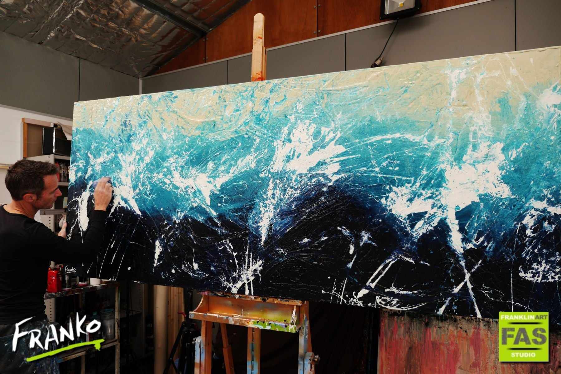 Drift 240cm x 100cm Blue White Cream Textured Abstract Painting (SOLD)-Abstract-[Franko_Artist]-[The_Block]-[Dream_Homes]-[ideas]- [Grand_Designs]-Franklin Art Studio