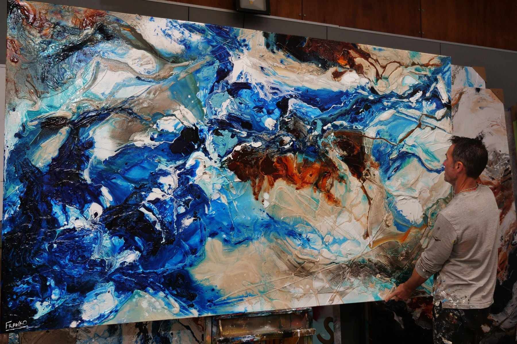 Drifting Grace 250cm x 150cm Blue White Textured Abstract Painting (SOLD)-Abstract-[Franko_Artist]-[The_Block]-[Dream_Homes]-[ideas]- [Grand_Designs]-Franklin Art Studio