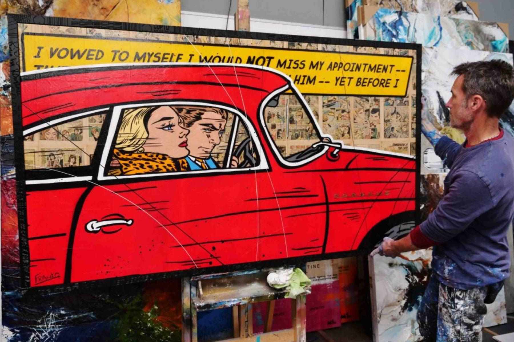 Drive By Romance 180cm x 100cm Porsche Comic Book Pages Urban Pop Art Painting With Custom Etched Frame (SOLD)-book club-[Franko_Artist]-[The_Block]-[Dream_Homes]-[ideas]-[Grand_Designs]-[Art_Lover]-Franklin Art Studio