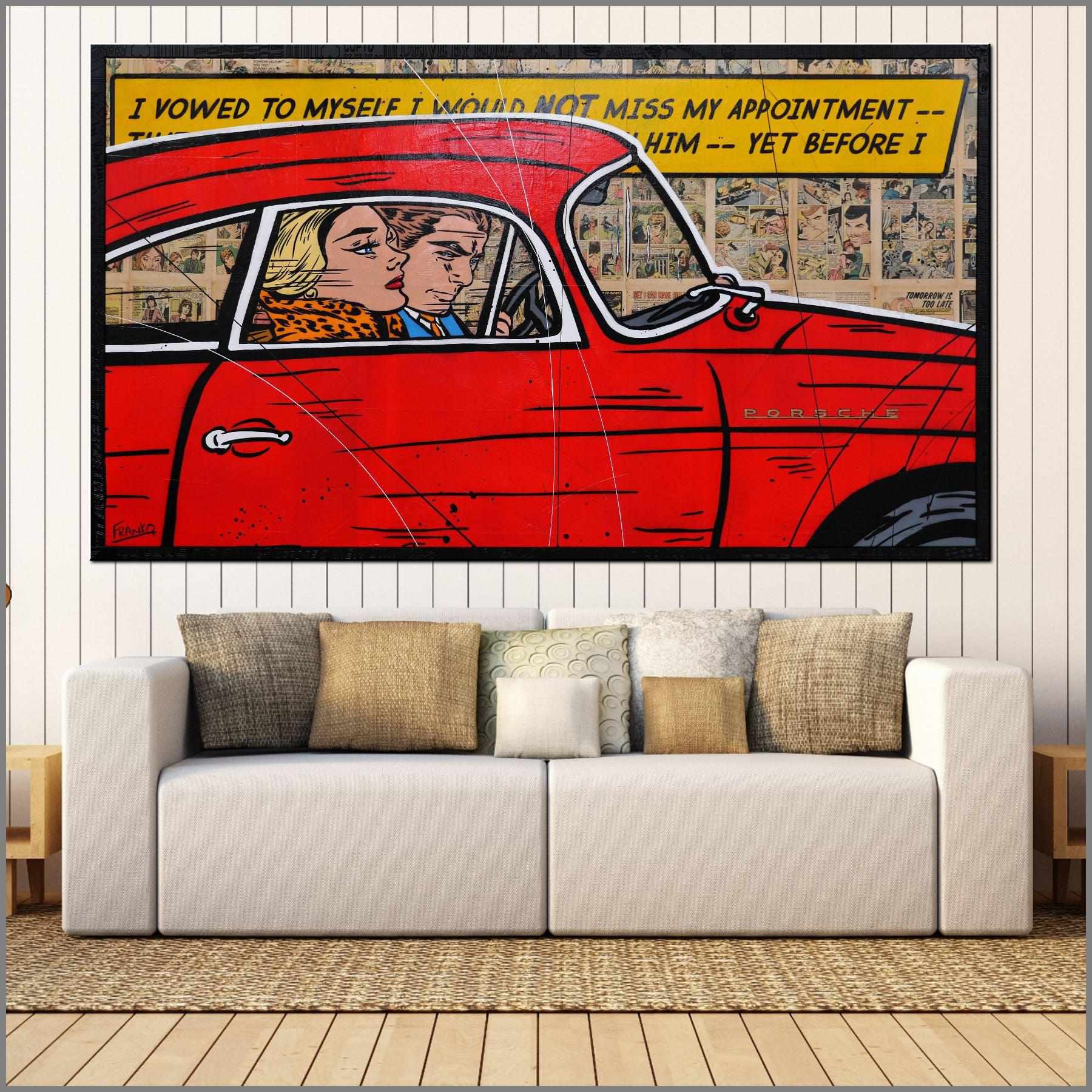 Drive By Romance 180cm x 100cm Porsche Comic Book Pages Urban Pop Art Painting With Custom Etched Frame (SOLD)-book club-[Franko_Artist]-[Australian_artist]-[Gold_Coast]-[Brisbane]-[modern]-[contemporary]-[original]-[Large_artwork]-[The_Block]-[Dream_Homes]-[ideas]-[Grand_Designs]-[Art_Lover]-Franklin Art Studio