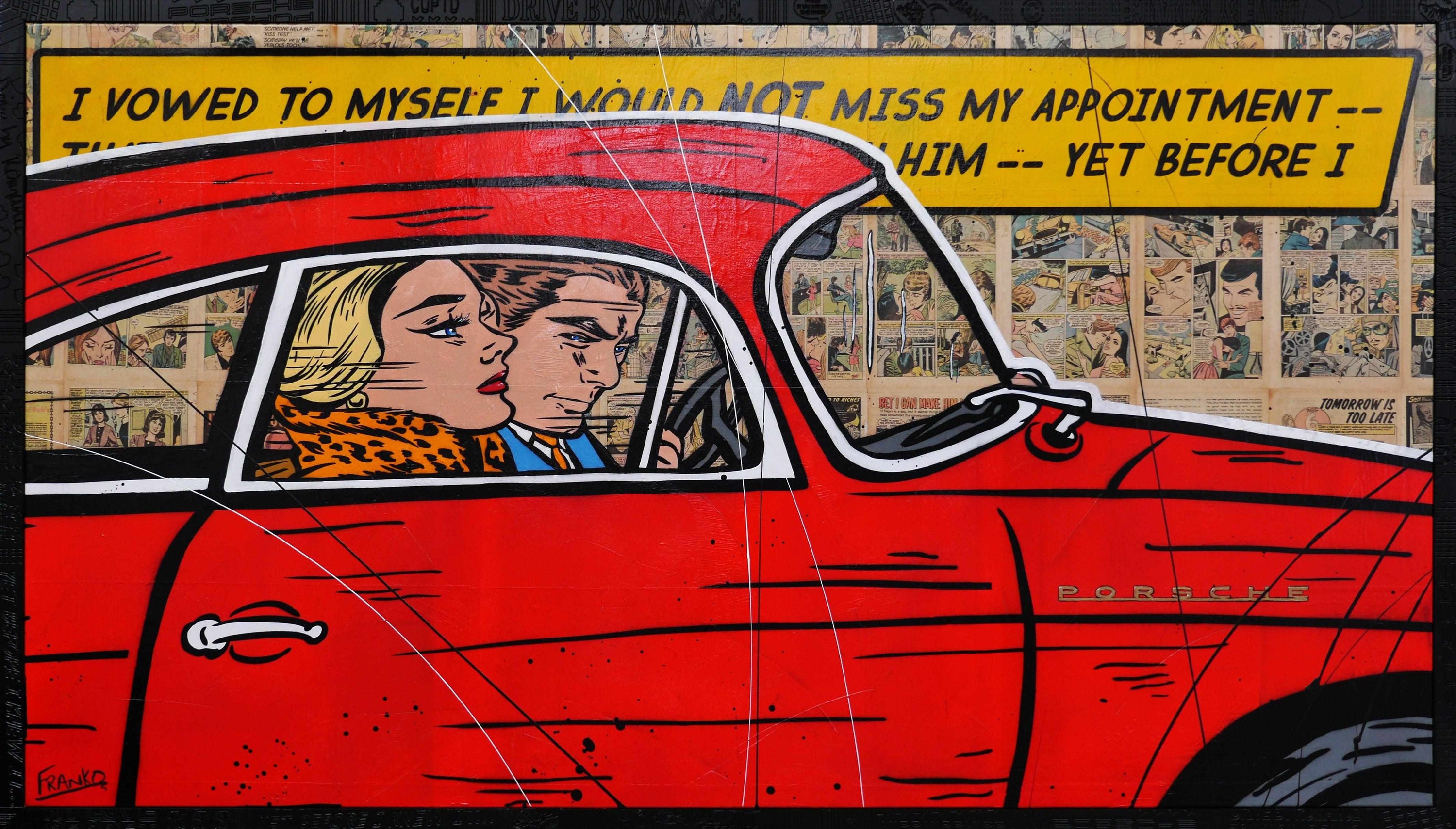 Drive By Romance 180cm x 100cm Porsche Comic Book Pages Urban Pop Art Painting With Custom Etched Frame (SOLD)-book club-[Franko_Artist]-[Australian_artist]-[Gold_Coast]-[Brisbane]-[modern]-[contemporary]-[original]-[Large_artwork]-Franklin Art Studio