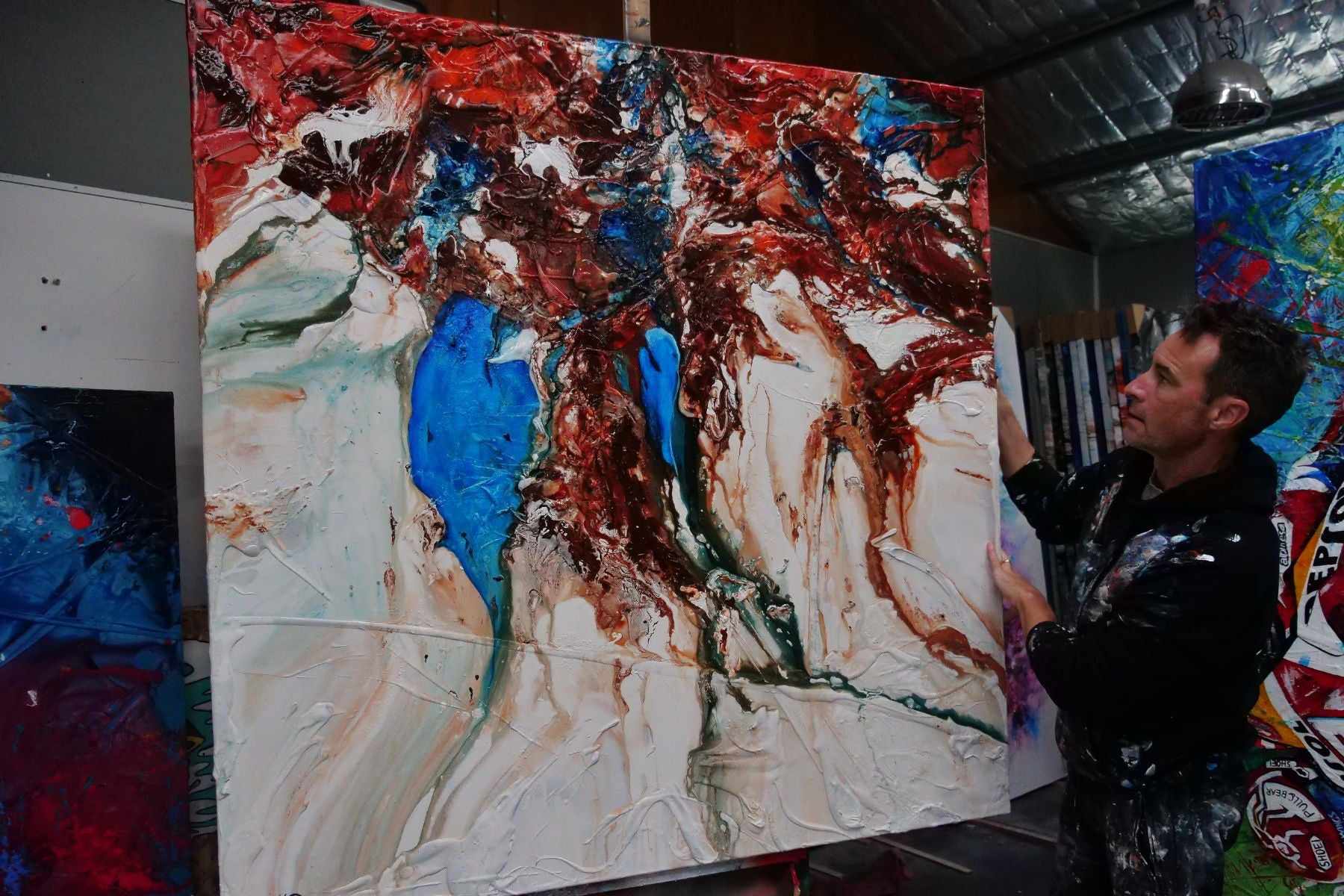 Dual Blue Atol 150cm x 150cm Blue White Orange Textured Abstract Painting (SOLD)-Abstract-[Franko_Artist]-[The_Block]-[Dream_Homes]-[ideas]- [Grand_Designs]-Franklin Art Studio