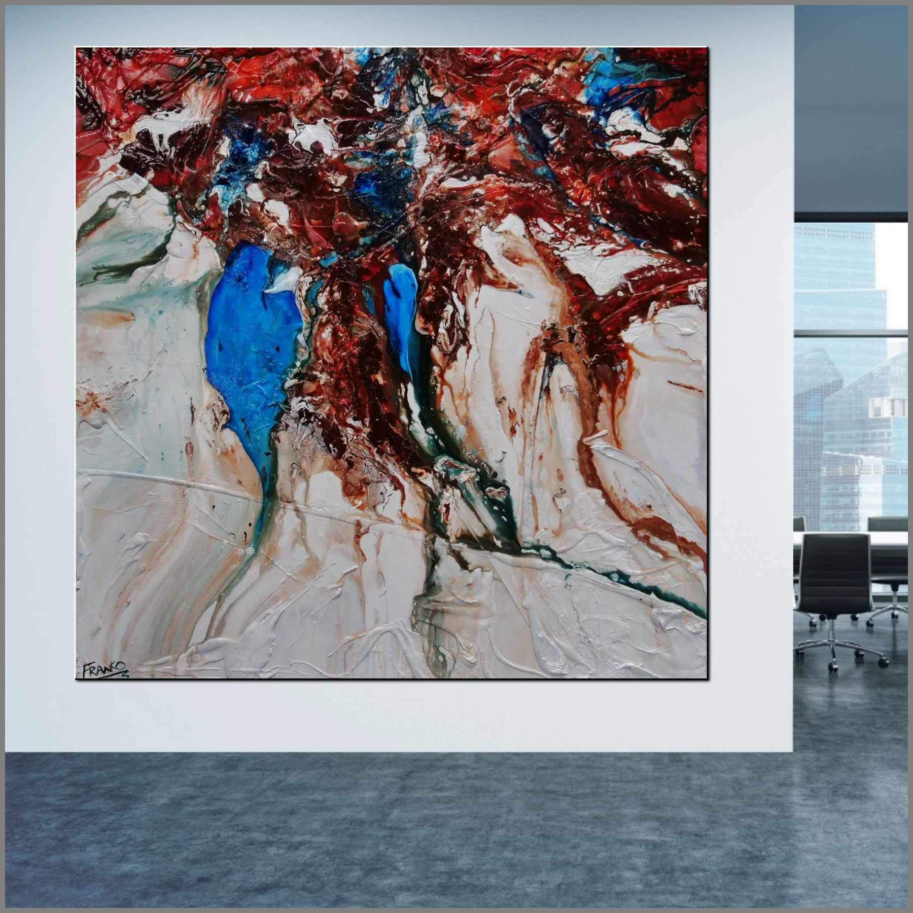 Dual Blue Atol 150cm x 150cm Blue White Orange Textured Abstract Painting (SOLD)-Abstract-[Franko_Artist]-[Australian_artist]-[Gold_Coast]-[Brisbane]-[modern]-[contemporary]-[original]-[Large_artwork]-[The_Block]-[Dream_Homes]-[ideas]-[Grand_Designs]-[Art_Lover]-Franklin Art Studio