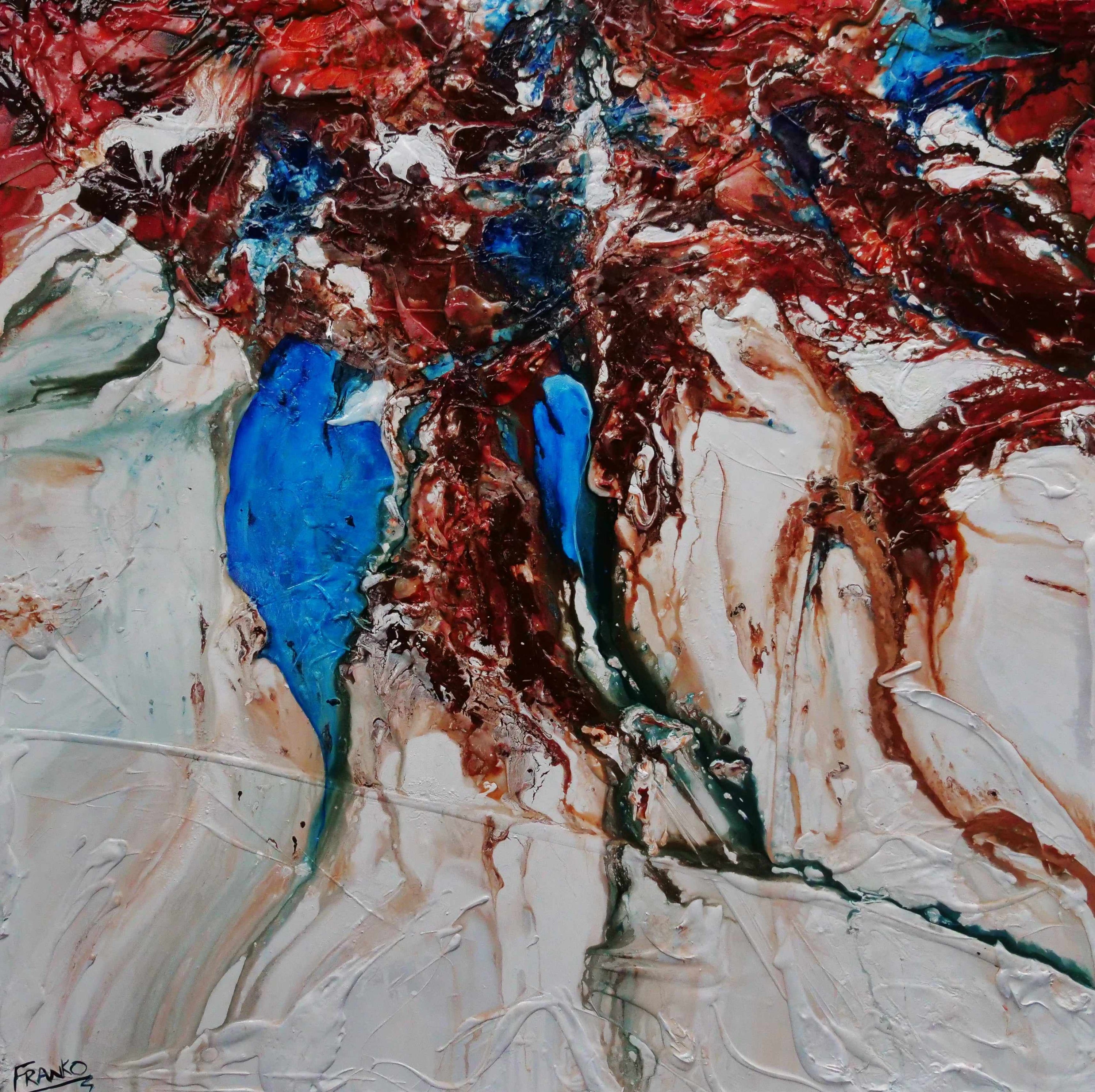 Dual Blue Atol 150cm x 150cm Blue White Orange Textured Abstract Painting (SOLD)-Abstract-[Franko_Artist]-[Australian_artist]-[Gold_Coast]-[Brisbane]-[modern]-[contemporary]-[original]-[Large_artwork]-Franklin Art Studio