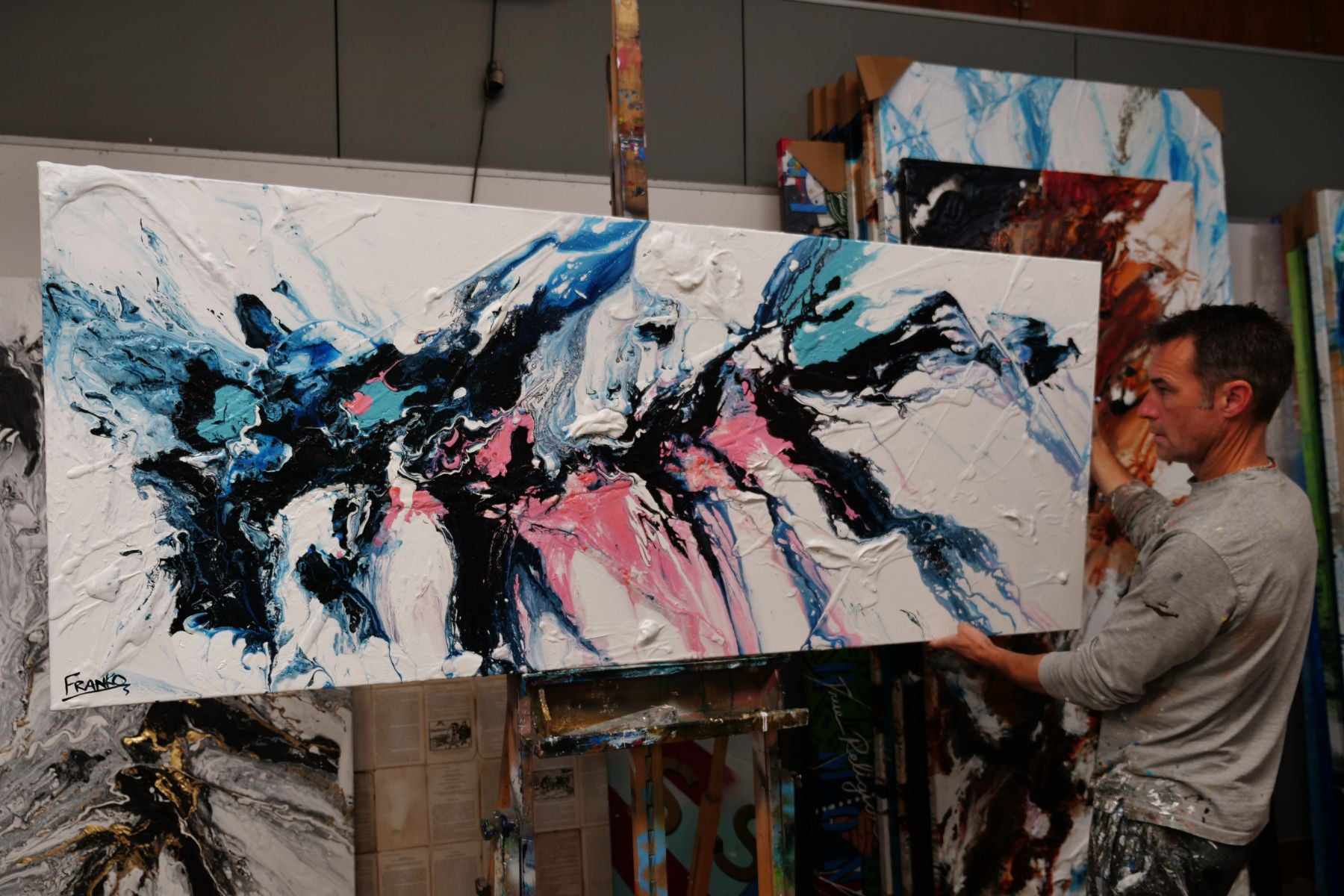 Dusty Midnight 200cm x 80cm White Pink Navy Textured Abstract Painting (SOLD)-Abstract-[Franko_Artist]-[The_Block]-[Dream_Homes]-[ideas]- [Grand_Designs]-Franklin Art Studio