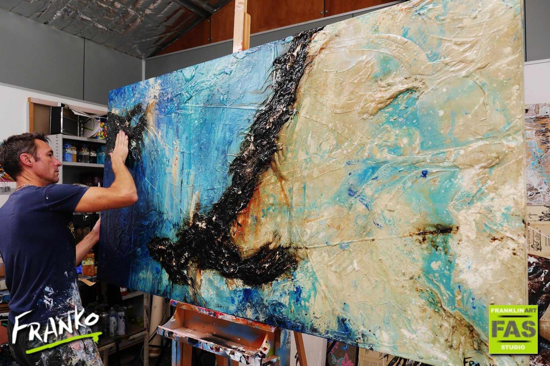 Evolution 190cm x 100cm Blue Creme Abstract Painting (SOLD)-Abstract-[Franko_Artist]-[The_Block]-[Dream_Homes]-[ideas]- [Grand_Designs]-Franklin Art Studio
