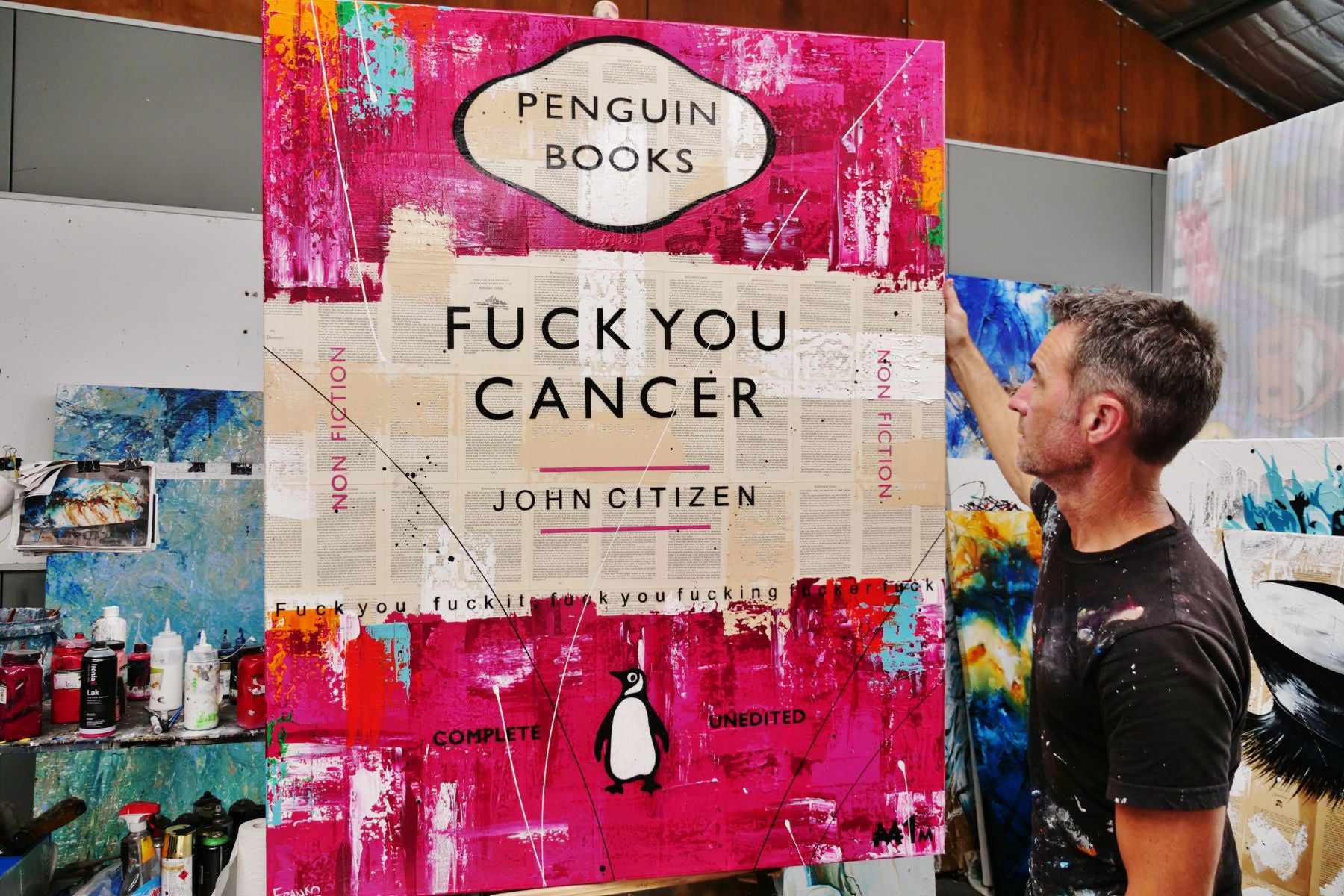 F.U. Cancer 120cm x 150cm Fuck You Cancer Urban Pop Book Club Painting (SOLD)-book club-[Franko_Artist]-[The_Block]-[Dream_Homes]-[ideas]- [Grand_Designs]-Franklin Art Studio