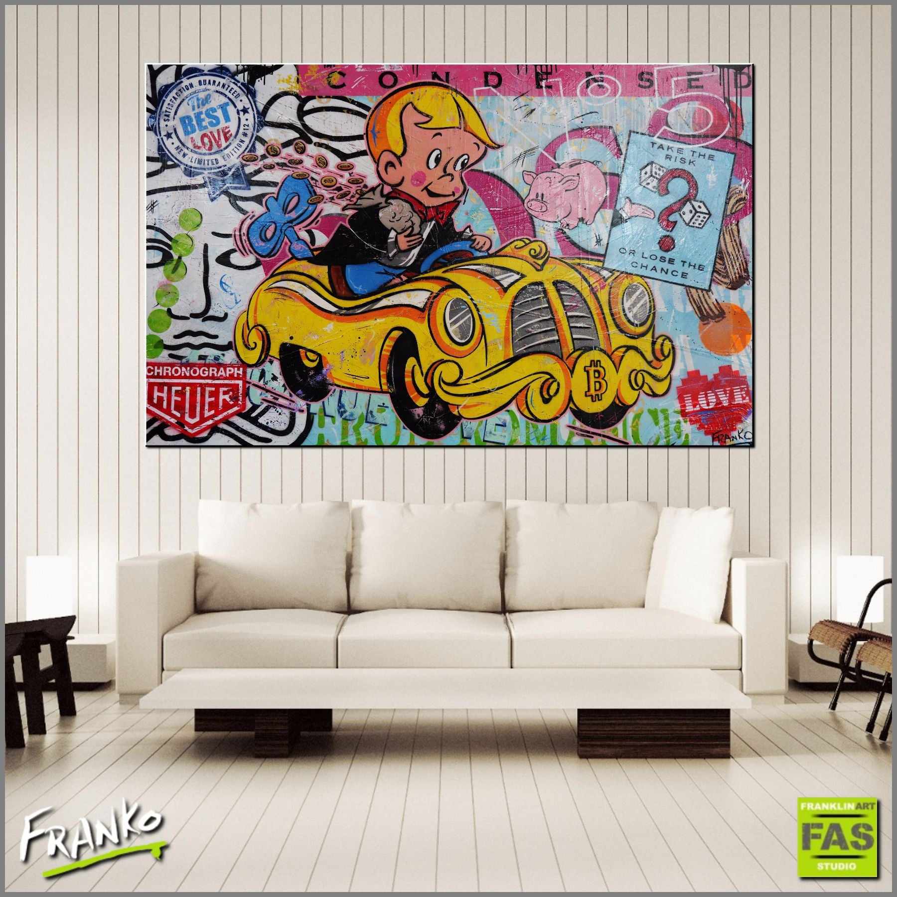 Fast Getaway 160cm x 100cm Richie Rich Bitcoin (SOLD)-bitcoin themed-[Franko_Artist]-[Australian_artist]-[Gold_Coast]-[Brisbane]-[modern]-[contemporary]-[original]-[Large_artwork]-[The_Block]-[Dream_Homes]-[ideas]-[Grand_Designs]-[Art_Lover]-Franklin Art Studio