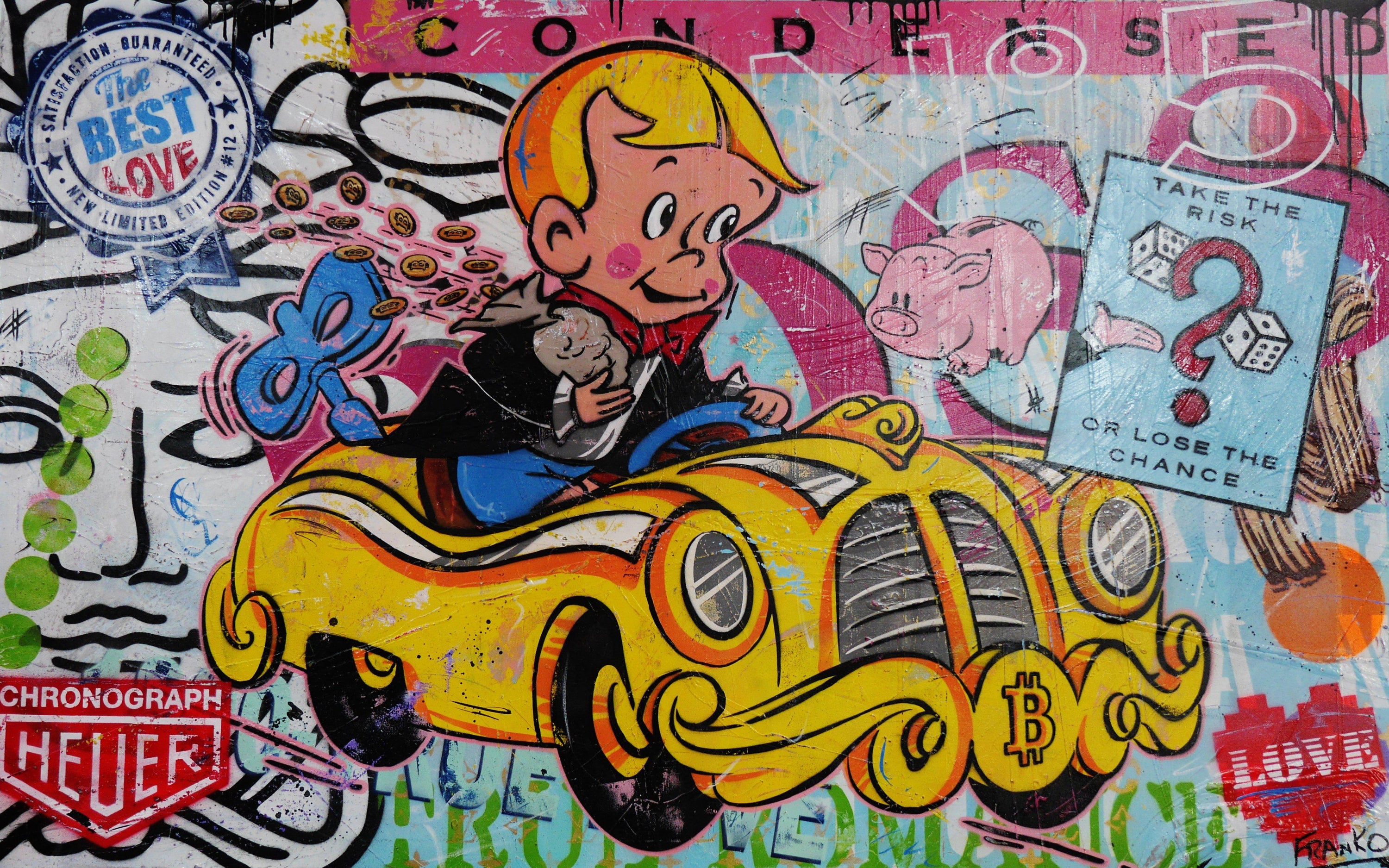 Fast Getaway 160cm x 100cm Richie Rich Bitcoin (SOLD)-bitcoin themed-[Franko_Artist]-[Australian_artist]-[Gold_Coast]-[Brisbane]-[modern]-[contemporary]-[original]-[Large_artwork]-Franklin Art Studio