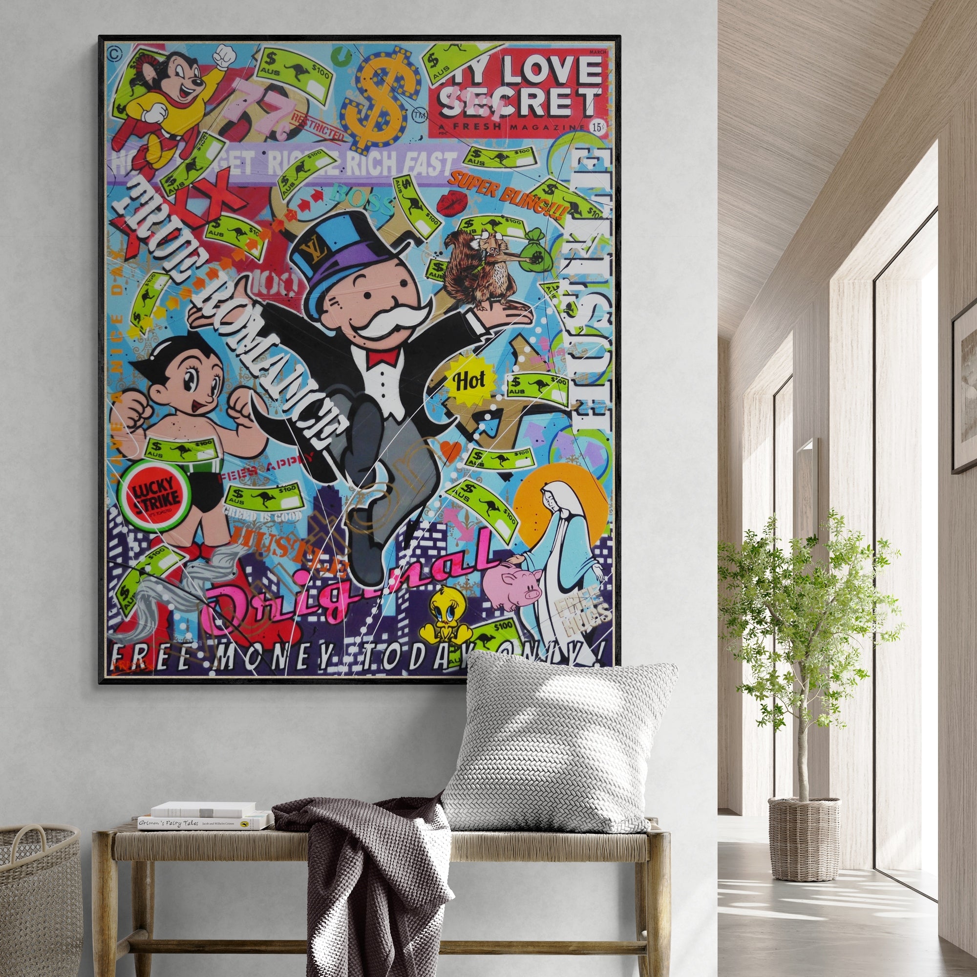 Money Bags 120cm x 150cm Monopoly Man Textured Urban Pop Art Painting (SOLD)-Urban Pop Art-[Franko_Artist]-[The_Block]-[Dream_Homes]-[ideas]-[Grand_Designs]-[Art_Lover]-Franklin Art Studio