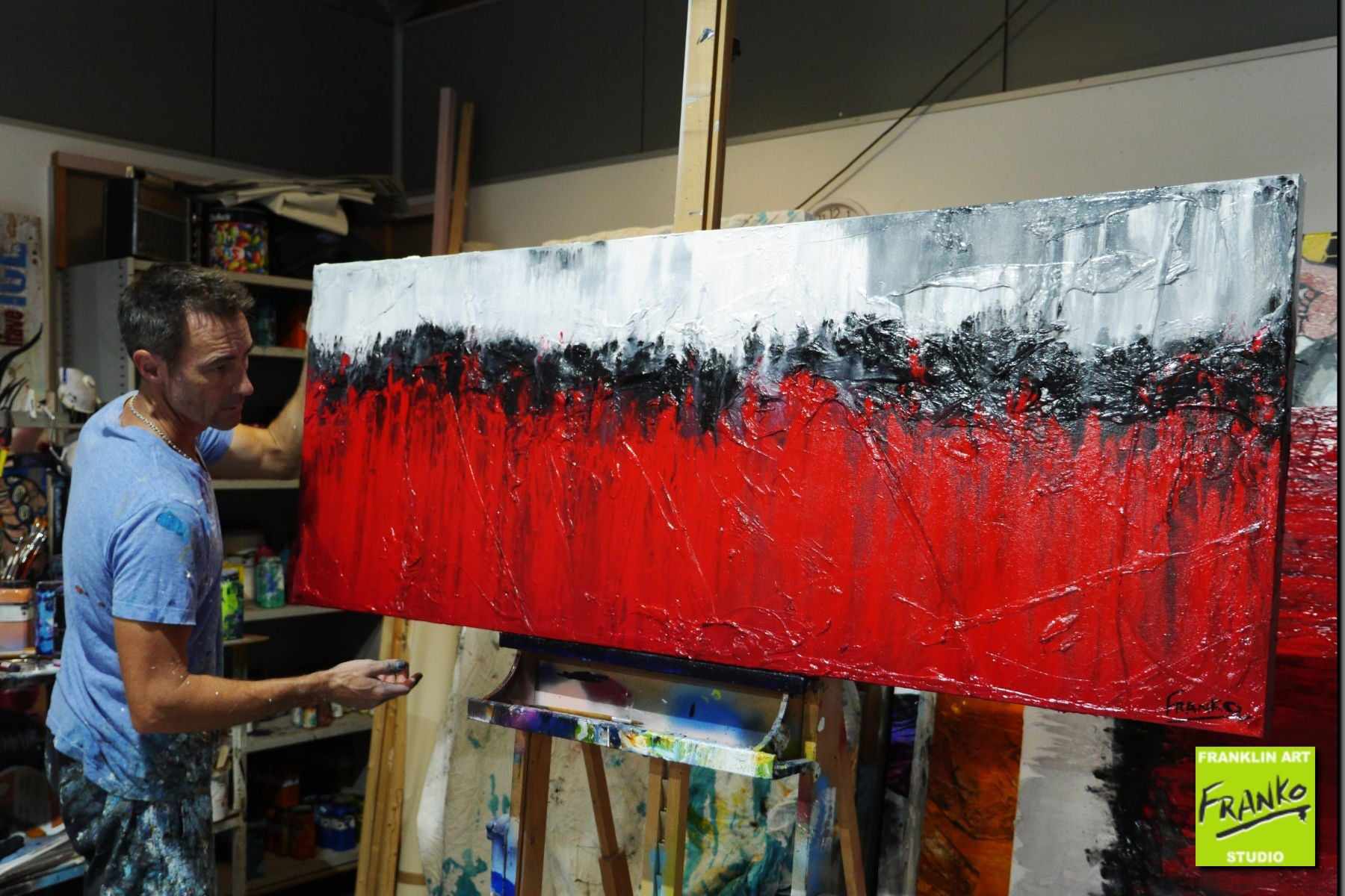 Flaming Red 160cm x 60cm White Red Black Textured Abstract Painting (SOLD)-Abstract-[Franko_Artist]-[The_Block]-[Dream_Homes]-[ideas]- [Grand_Designs]-Franklin Art Studio