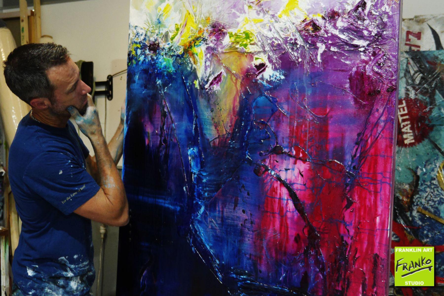 Floral 140cm x 100cm Purple Blue Textured Abstract Painting (SOLD)-Abstract-[Franko_Artist]-[The_Block]-[Dream_Homes]-[ideas]- [Grand_Designs]-Franklin Art Studio