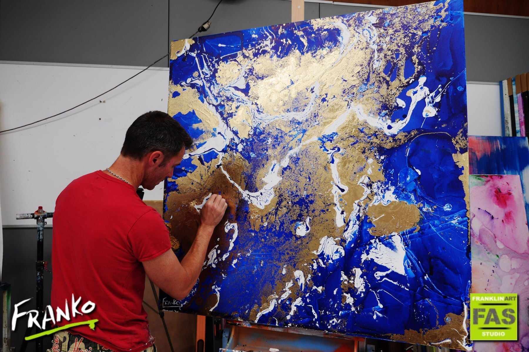 Fluid Gold 120cm x 120cm Blue Metallic Gold Abstract Painting (SOLD)-abstract-[Franko_Artist]-[The_Block]-[Dream_Homes]-[ideas]- [Grand_Designs]-Franklin Art Studio