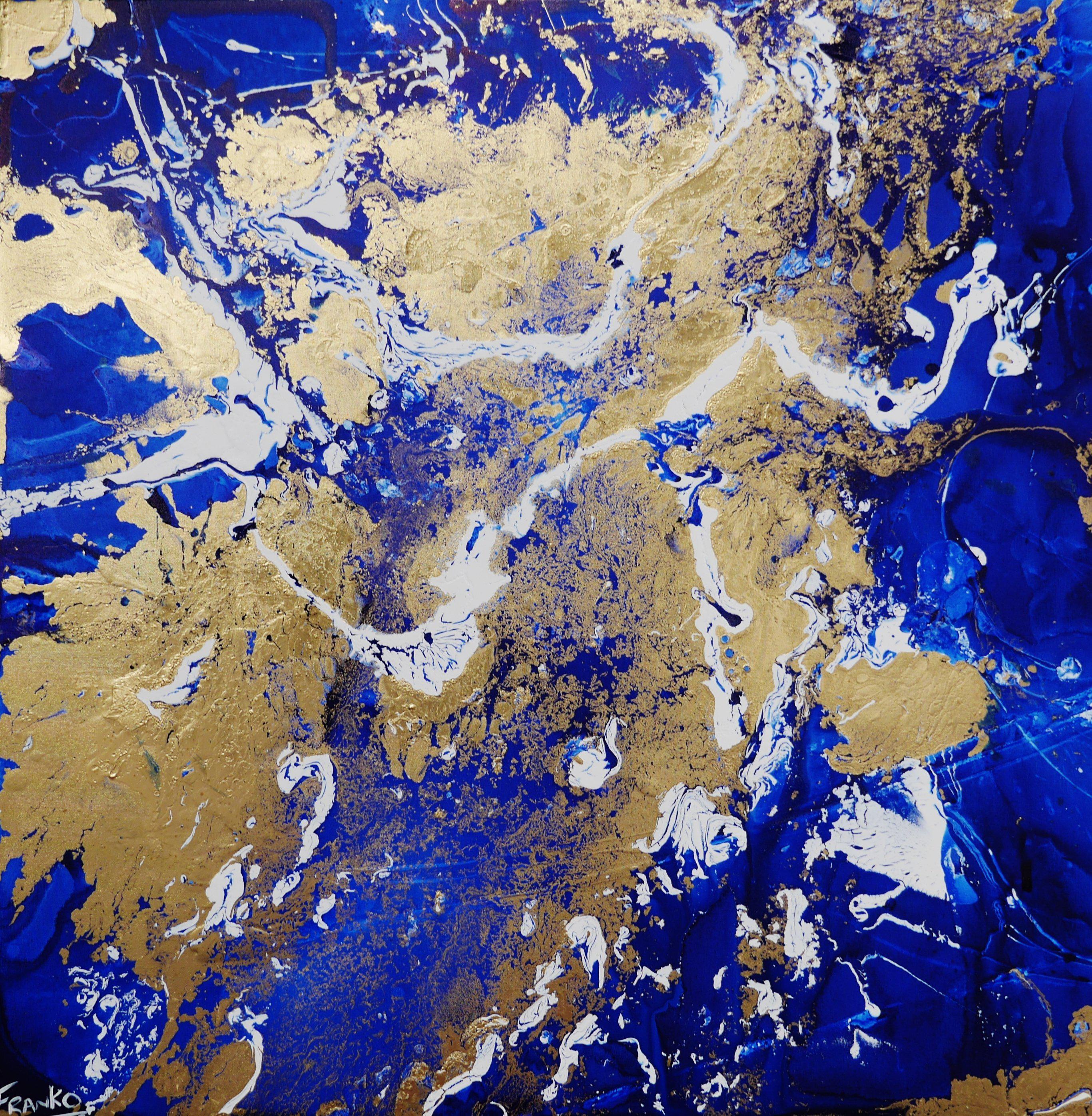 Fluid Gold 120cm x 120cm Blue Metallic Gold Abstract Painting (SOLD)-abstract-[Franko_Artist]-[Australian_artist]-[Gold_Coast]-[Brisbane]-[modern]-[contemporary]-[original]-[Large_artwork]-Franklin Art Studio