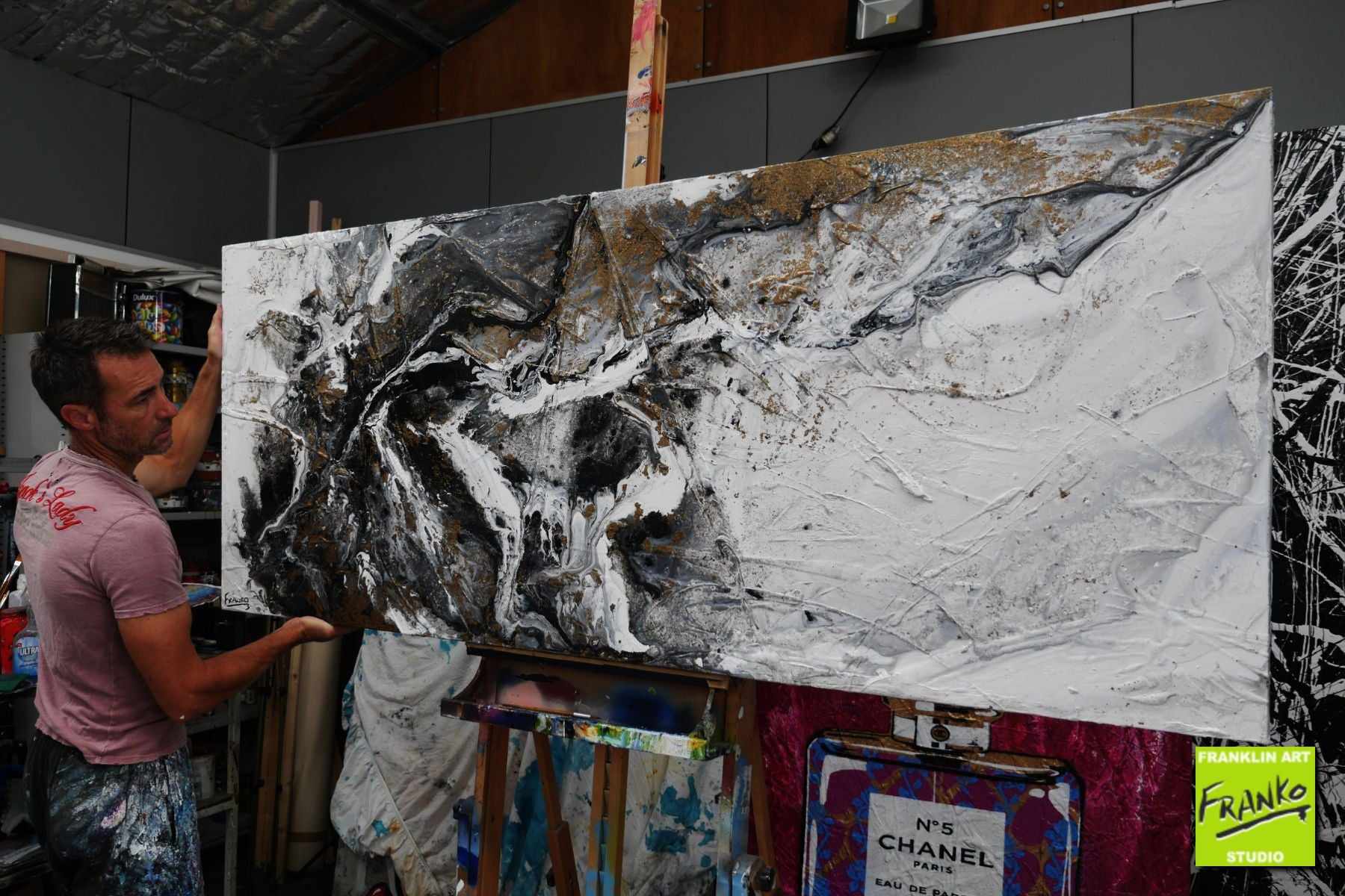 Fluid Rush 200cm x 80cm Black Gold White Grey Textured Abstract Painting (SOLD)-Abstract-[Franko_Artist]-[The_Block]-[Dream_Homes]-[ideas]- [Grand_Designs]-Franklin Art Studio