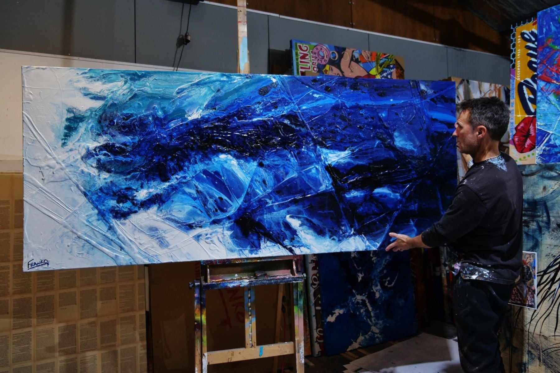 Fractured 240cm x 100cm Blue White Textured Abstract Painting (SOLD)-Abstract-[Franko_Artist]-[The_Block]-[Dream_Homes]-[ideas]- [Grand_Designs]-Franklin Art Studio