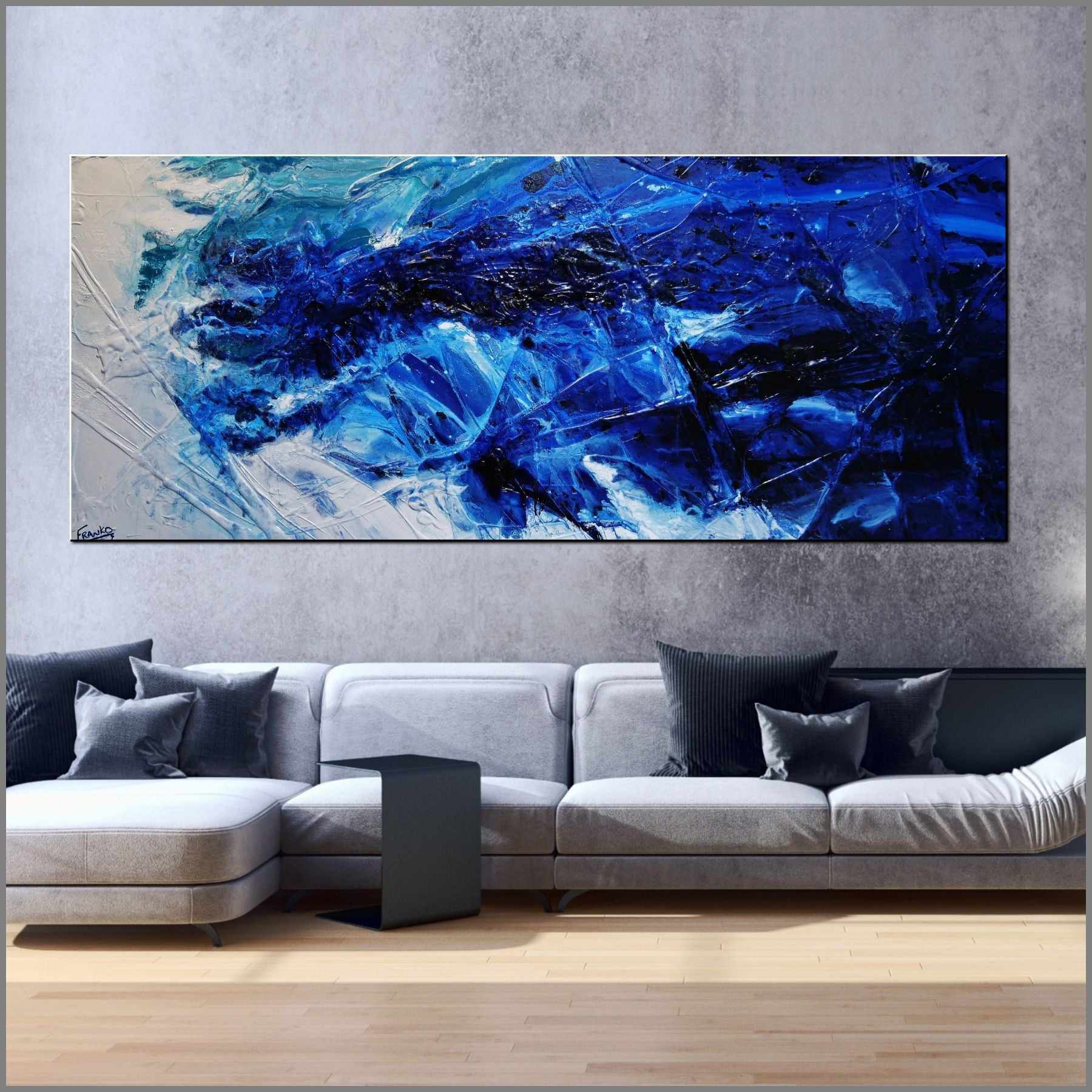 Fractured 240cm x 100cm Blue White Textured Abstract Painting (SOLD)-Abstract-[Franko_Artist]-[Australian_artist]-[Gold_Coast]-[Brisbane]-[modern]-[contemporary]-[original]-[Large_artwork]-[The_Block]-[Dream_Homes]-[ideas]-[Grand_Designs]-[Art_Lover]-Franklin Art Studio