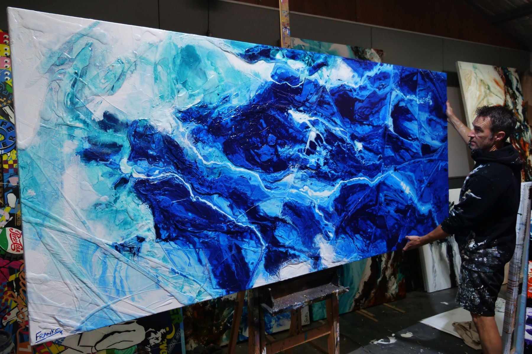 Fractured Sapphire 270cm x 120cm Blue White Textured Abstract Painting (SOLD)-Abstract-[Franko_Artist]-[The_Block]-[Dream_Homes]-[ideas]-[Grand_Designs]-[Art_Lover]-Franklin Art Studio