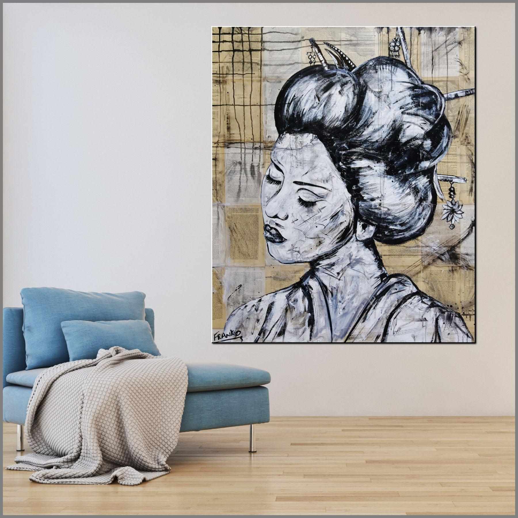 Geisha Study #3 120cm x 100cm Geisha Urban Pop Book Club Painting (SOLD)-book club-[Franko_Artist]-[Australian_artist]-[Gold_Coast]-[Brisbane]-[modern]-[contemporary]-[original]-[Large_artwork]-[The_Block]-[Dream_Homes]-[ideas]-[Grand_Designs]-[Art_Lover]-Franklin Art Studio