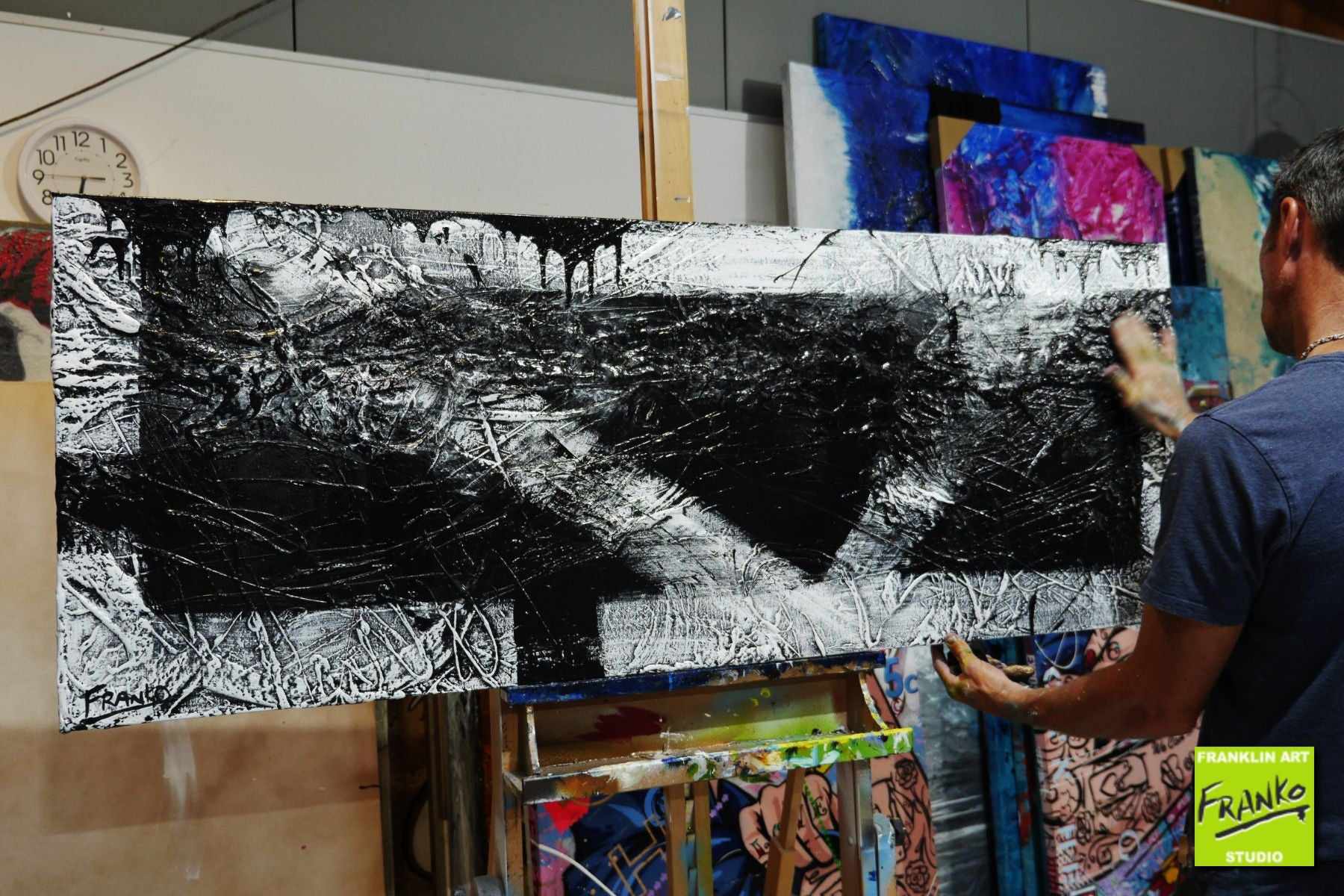 Geometric Swagger 160cm x 60cm Black White Textured Abstract Painting (SOLD)-Abstract-[Franko_Artist]-[The_Block]-[Dream_Homes]-[ideas]- [Grand_Designs]-Franklin Art Studio